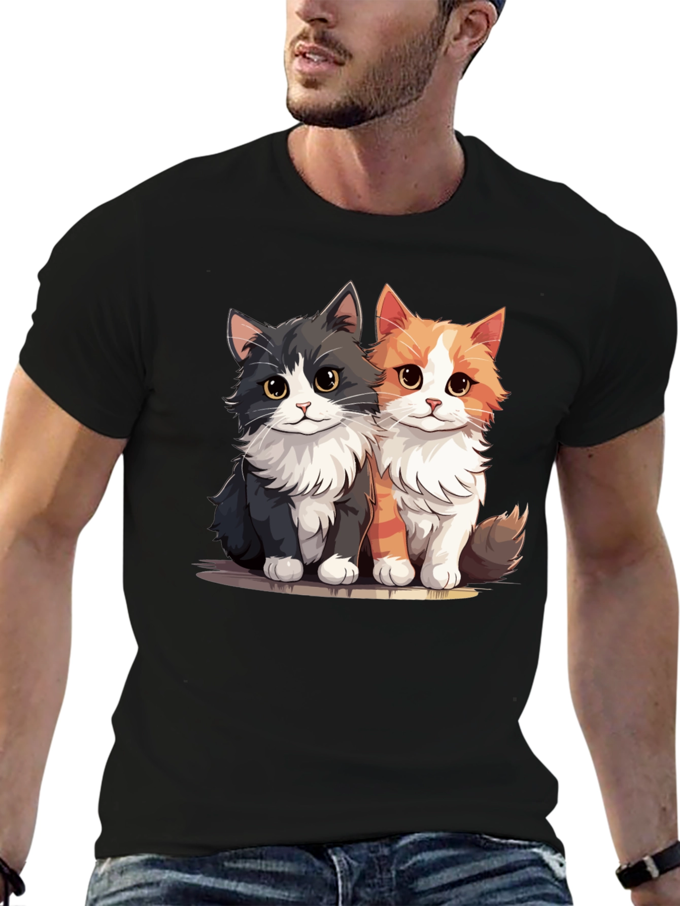 Cute Cartoon Cats Graphic Black T-Shirt