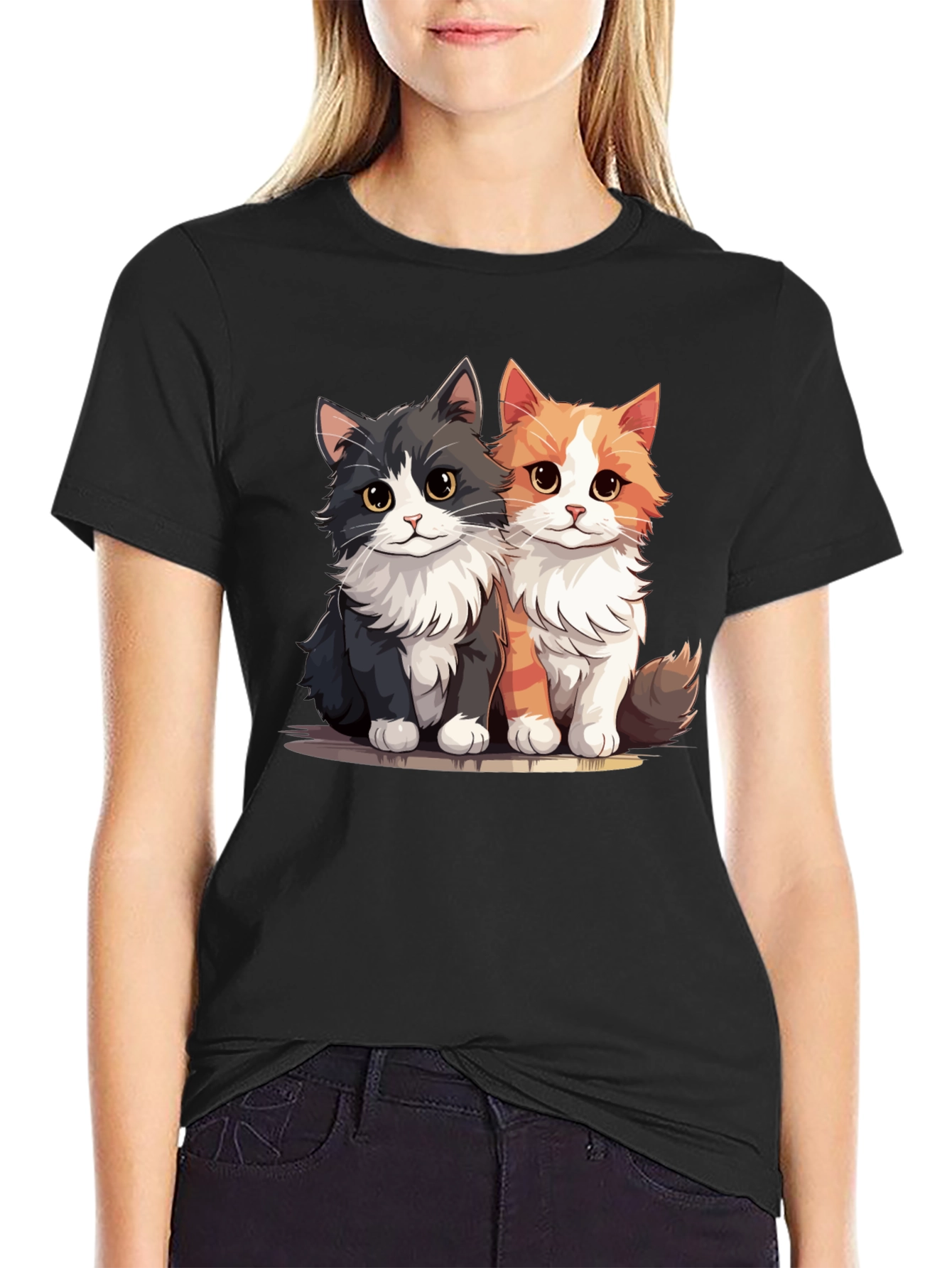 Cute Cartoon Cats Graphic Black T-Shirt