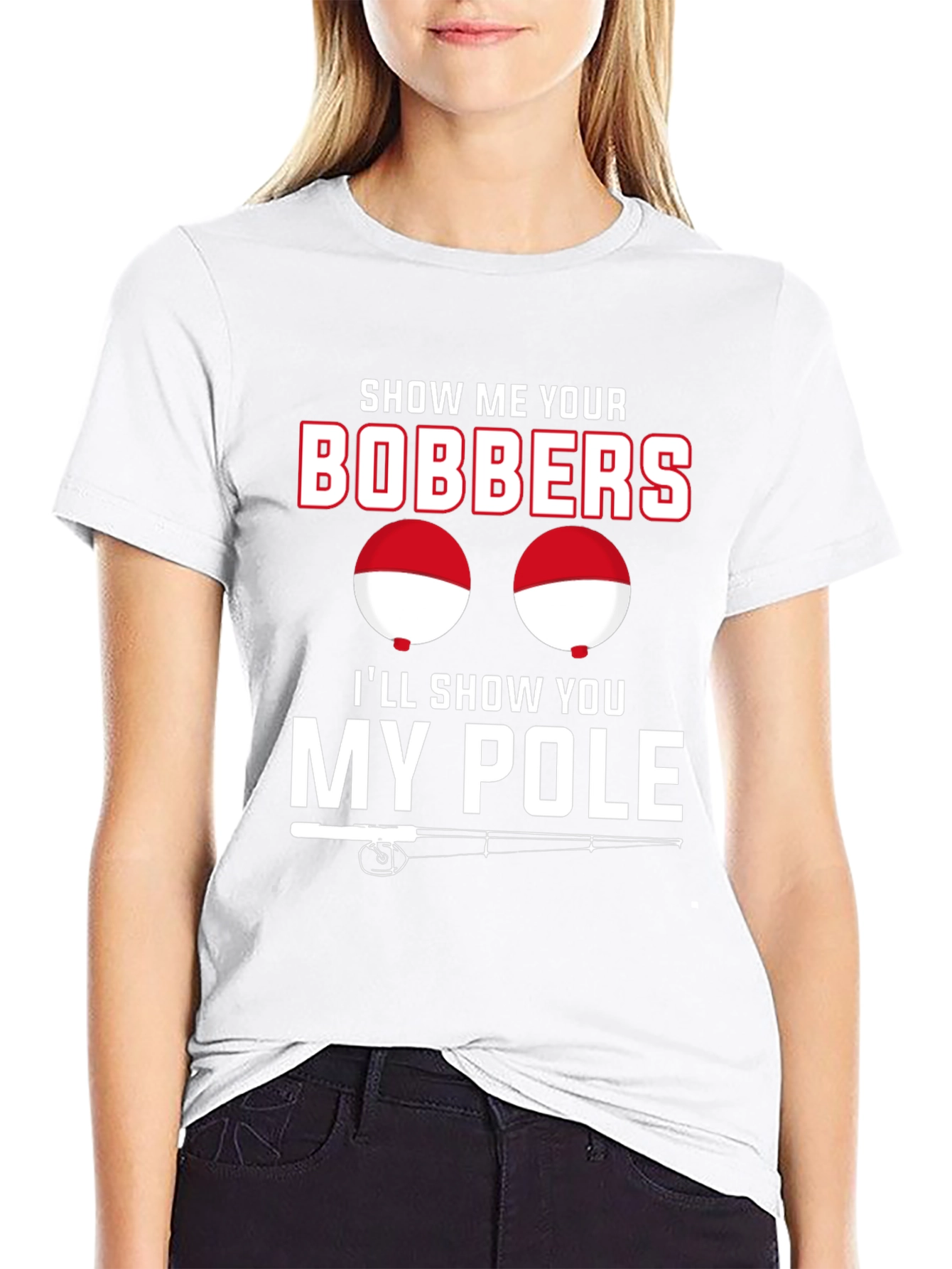 Funny Fishing Bobbers and Pole Black T-Shirt