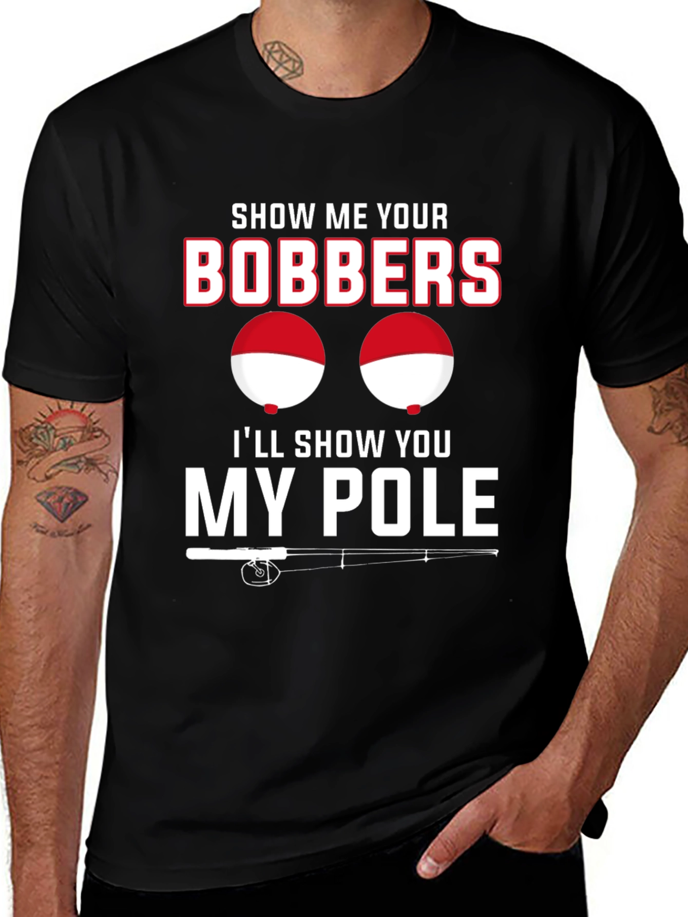 Funny Fishing Bobbers and Pole Black T-Shirt