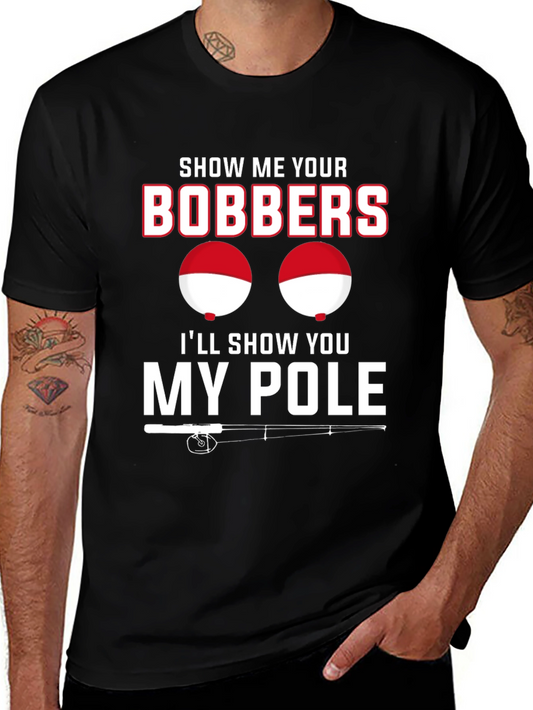 Funny Fishing Bobbers and Pole Black T-Shirt