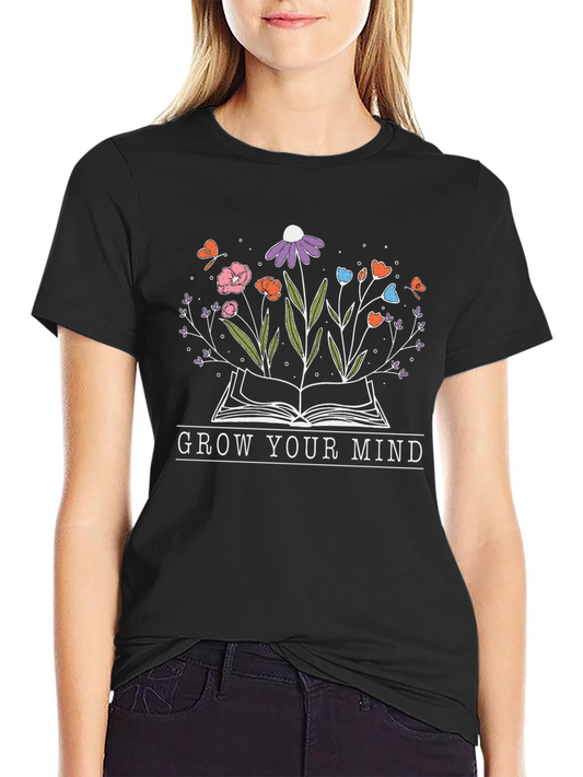 Grow Your Mind Book and Flowers T-Shirt
