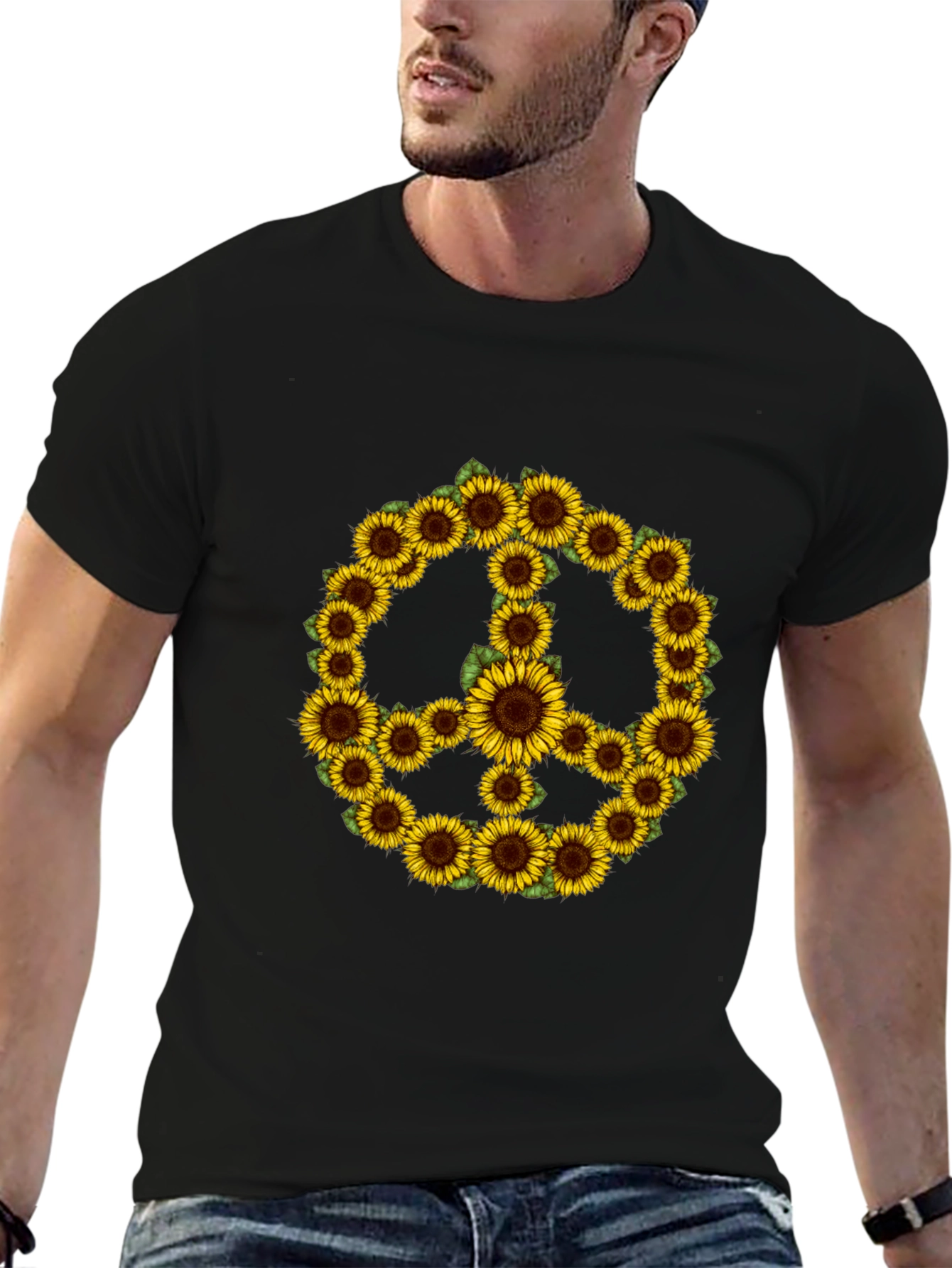 Sunflower Peace Sign Black T-Shirt