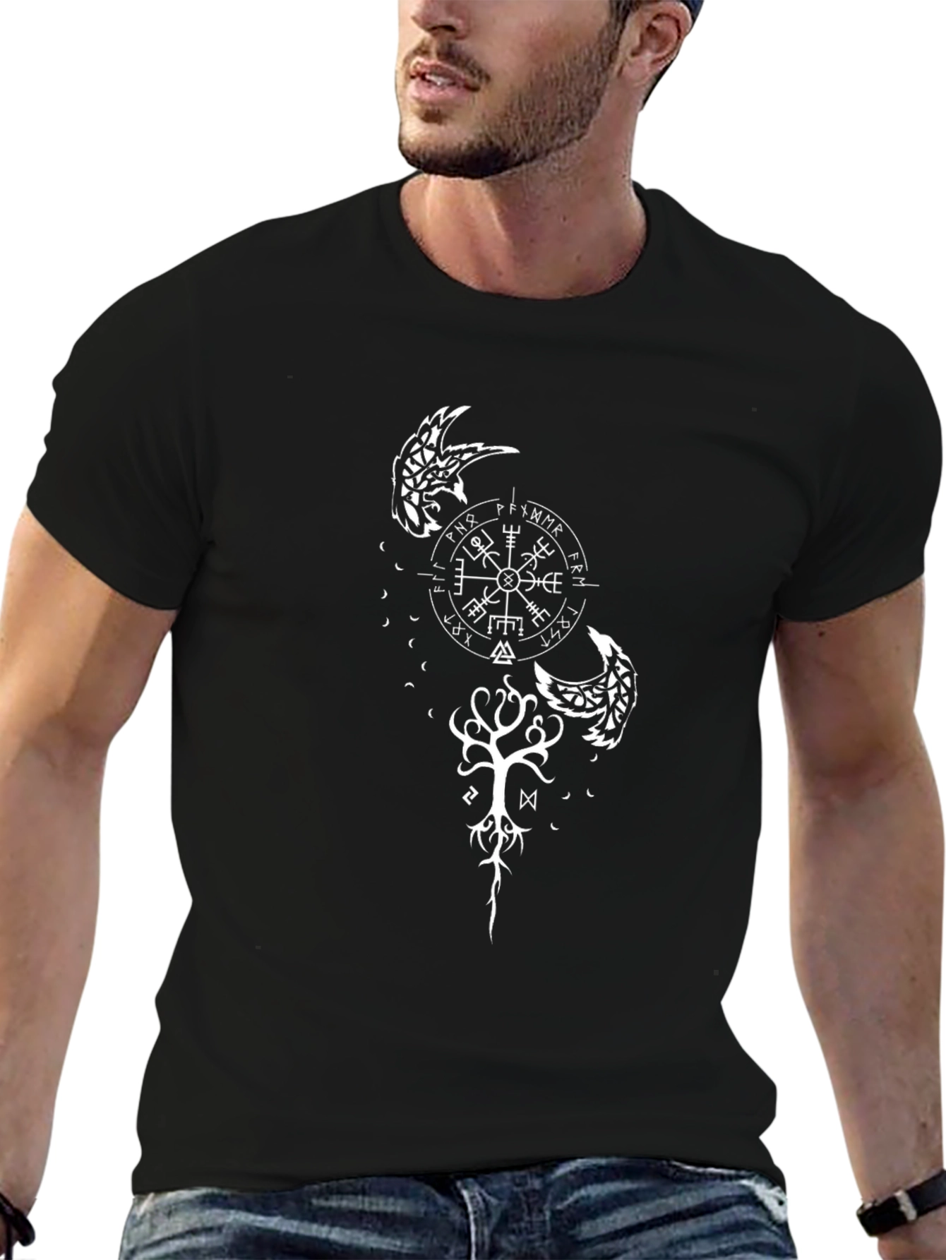 Viking Compass Black T-Shirt Norse Ravens Tree