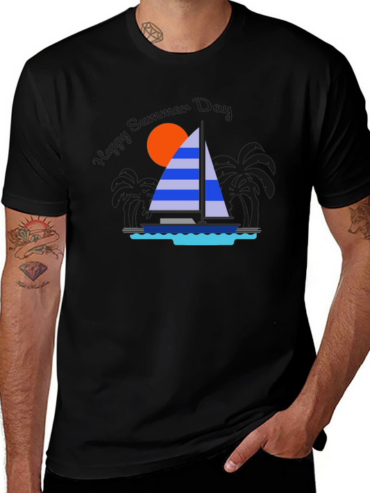 Sailboat Graphic T-Shirt - Tropical Ocean Sunset Design