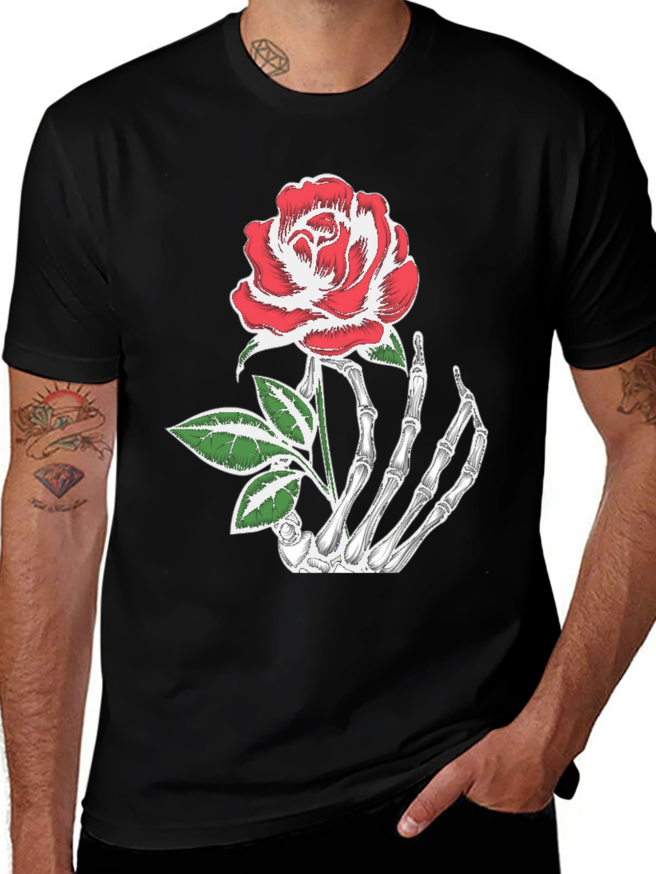 Skeleton Hand Holding Rose Graphic Tee