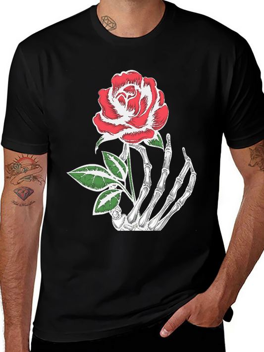 Skeleton Hand Holding Rose Graphic Tee