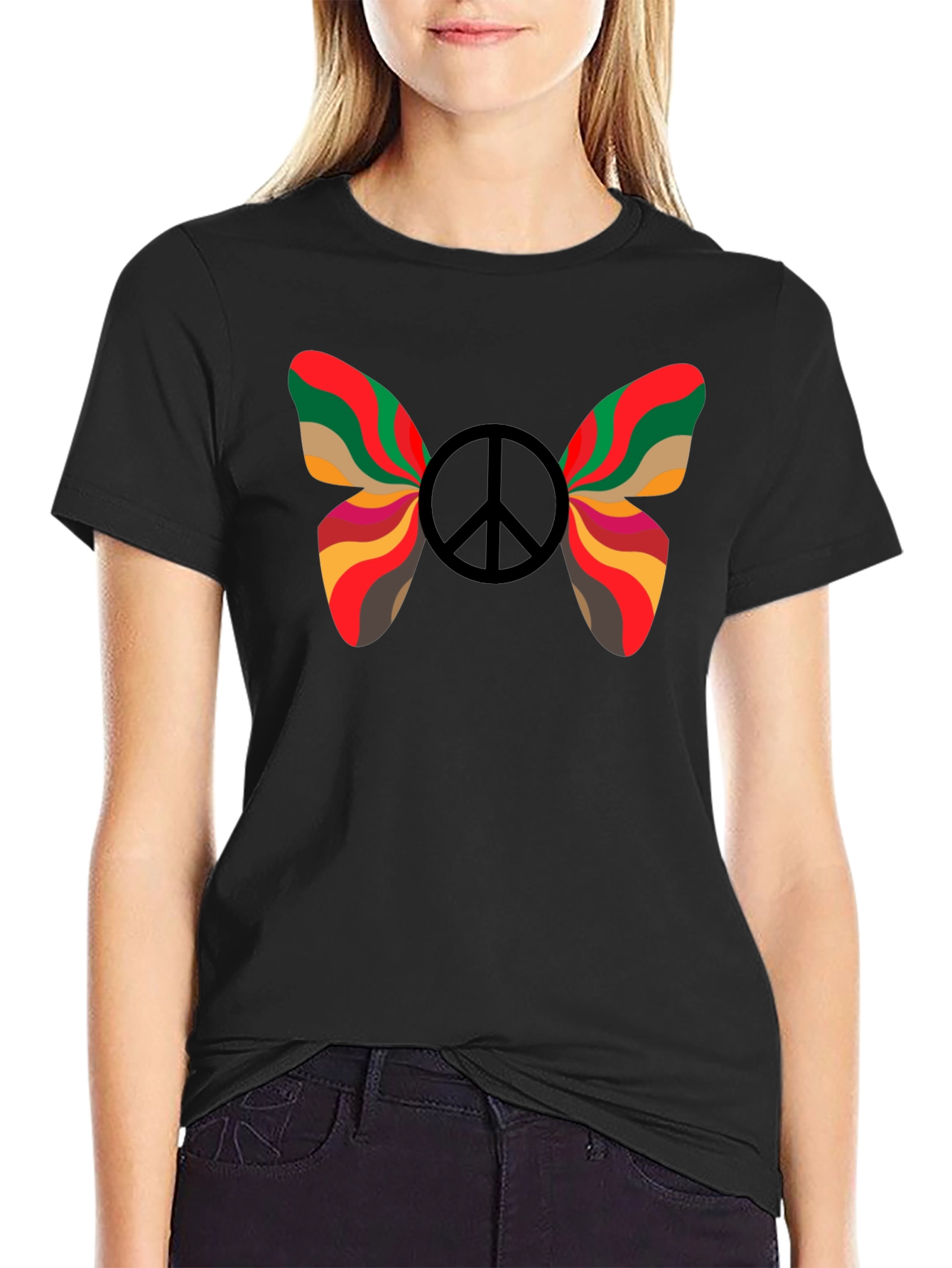 Peace Butterfly Graphic Tee - Black Cotton T-Shirt