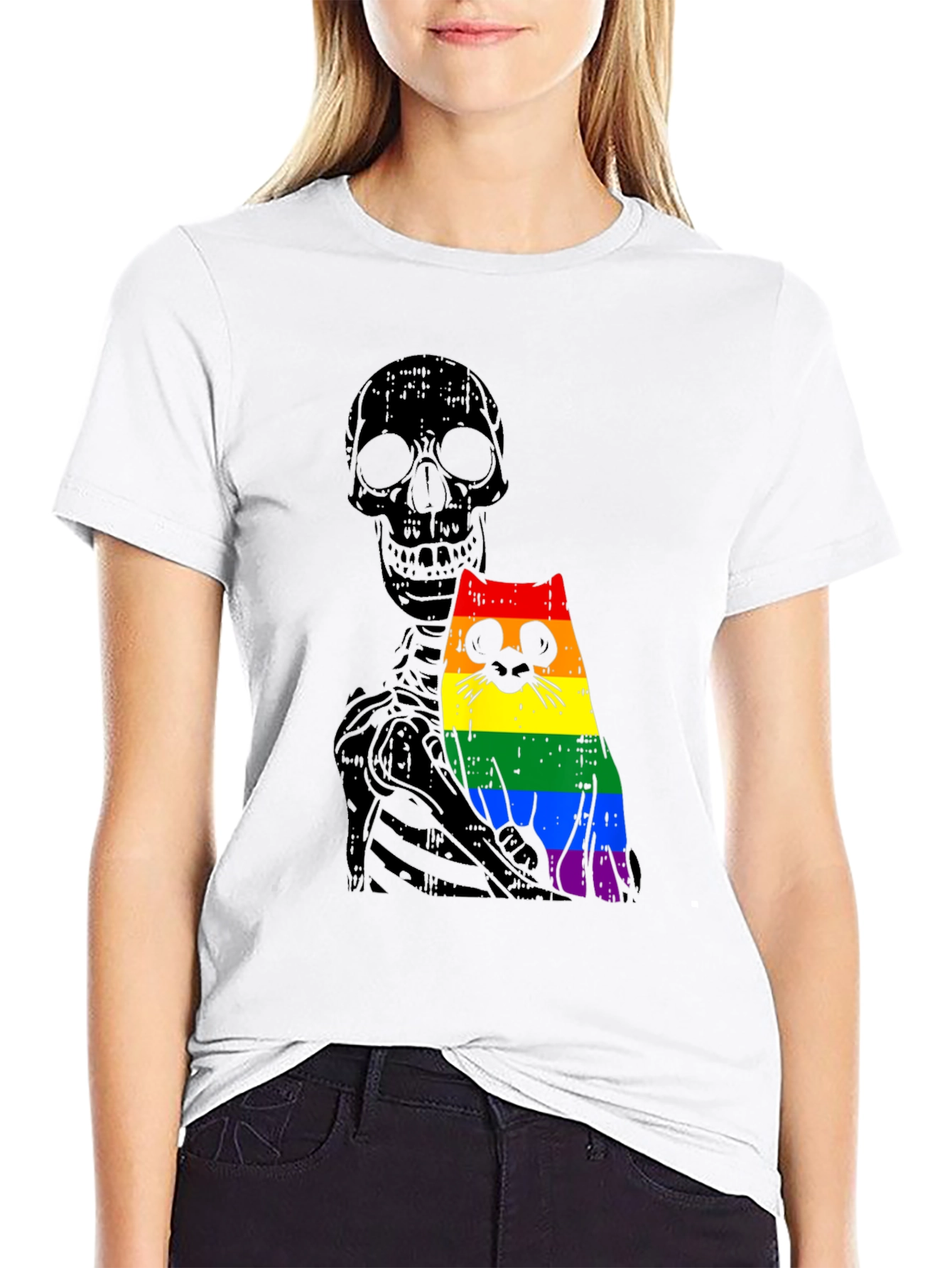Skeleton Cat Pride Graphic Tee - Unique Design