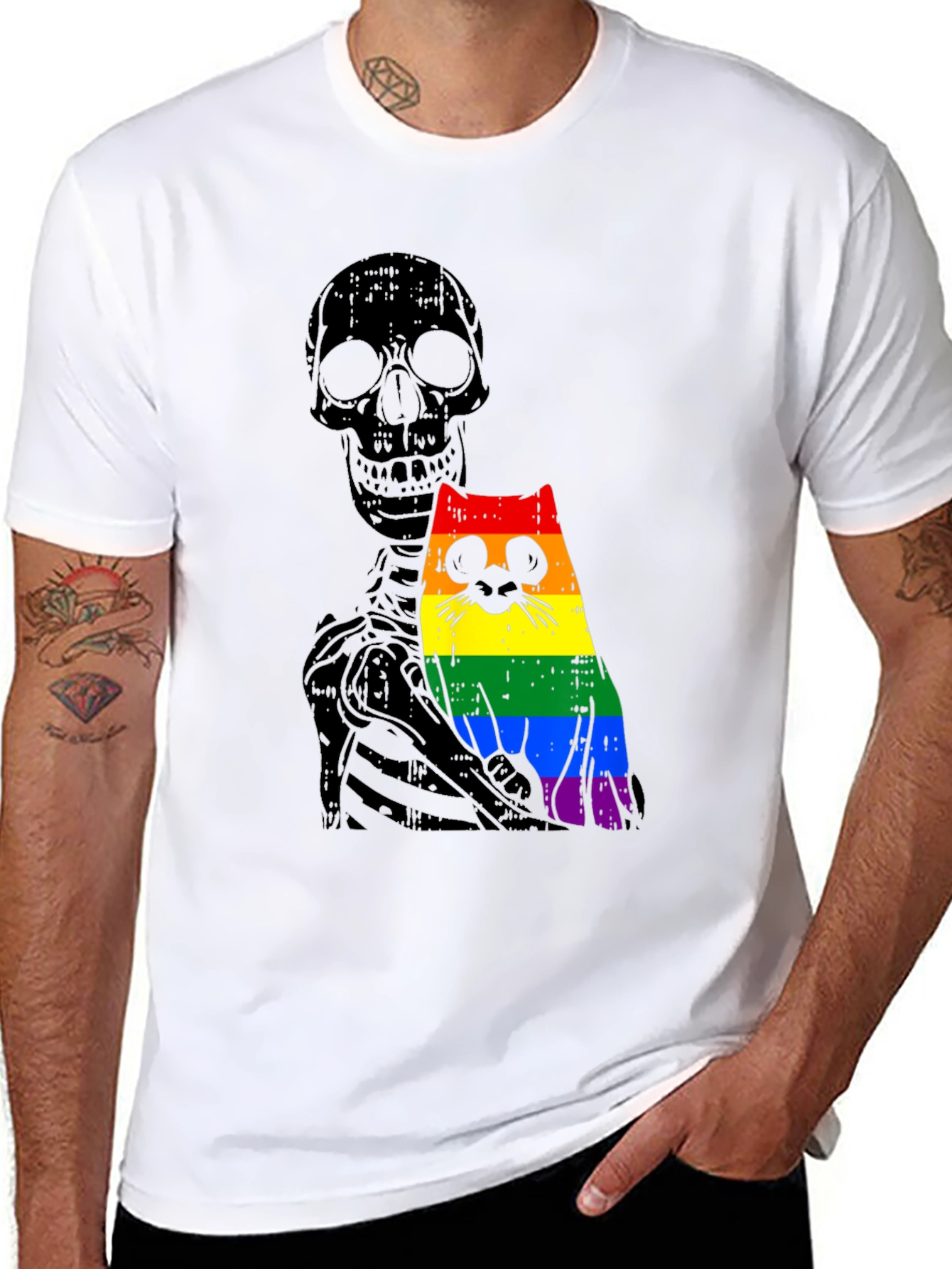 Skeleton Cat Pride Graphic Tee - Unique Design