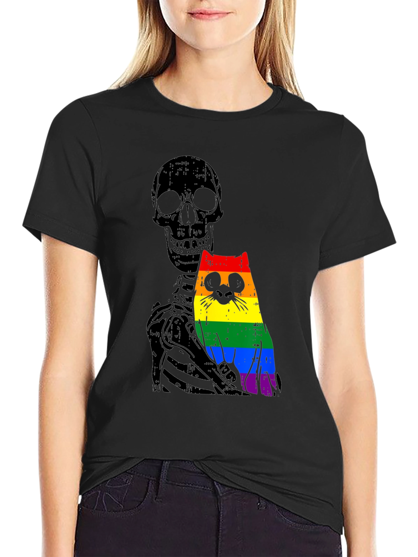 Skeleton Cat Pride Graphic Tee - Unique Design