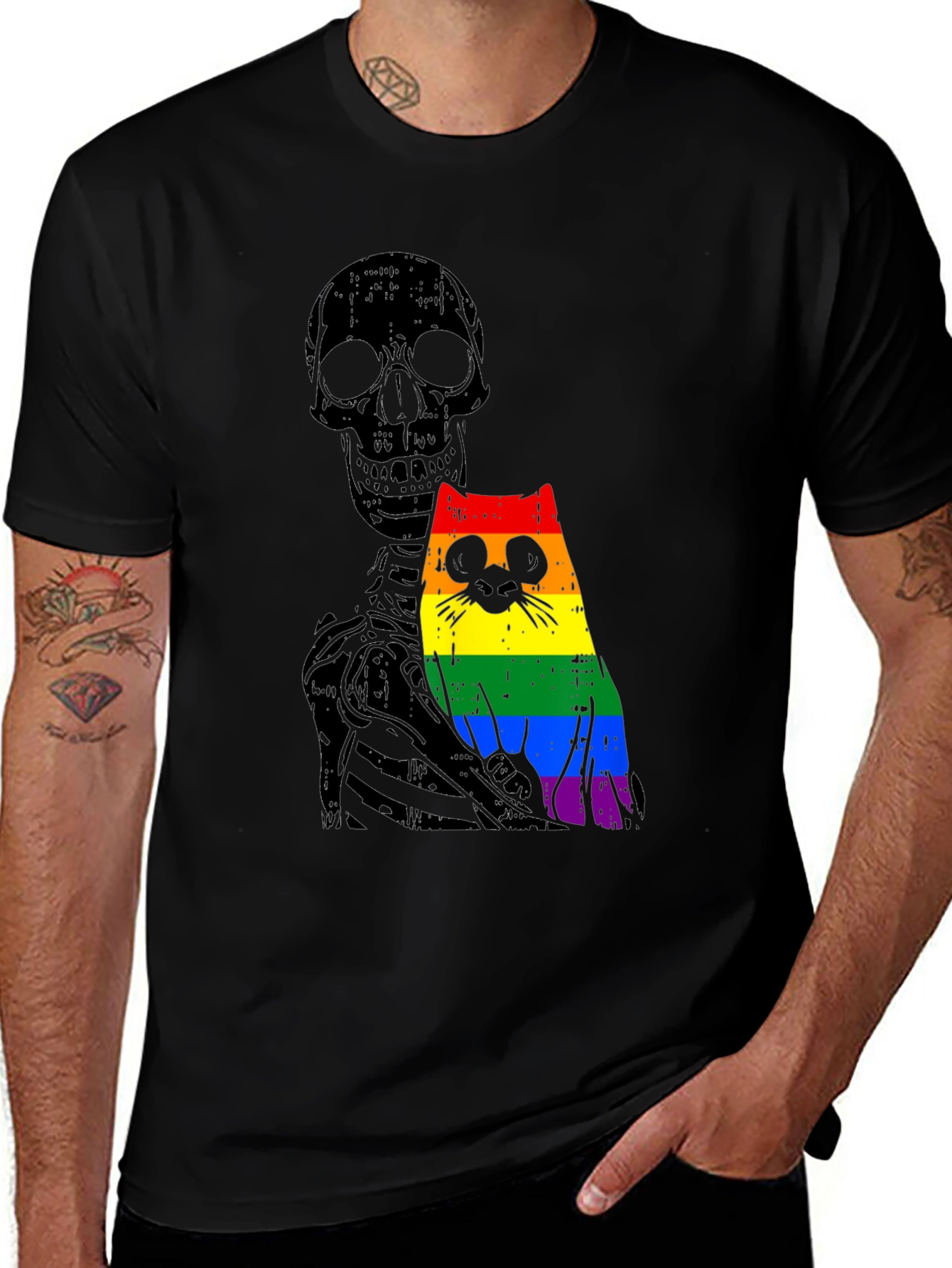 Skeleton Cat Pride Graphic Tee - Unique Design