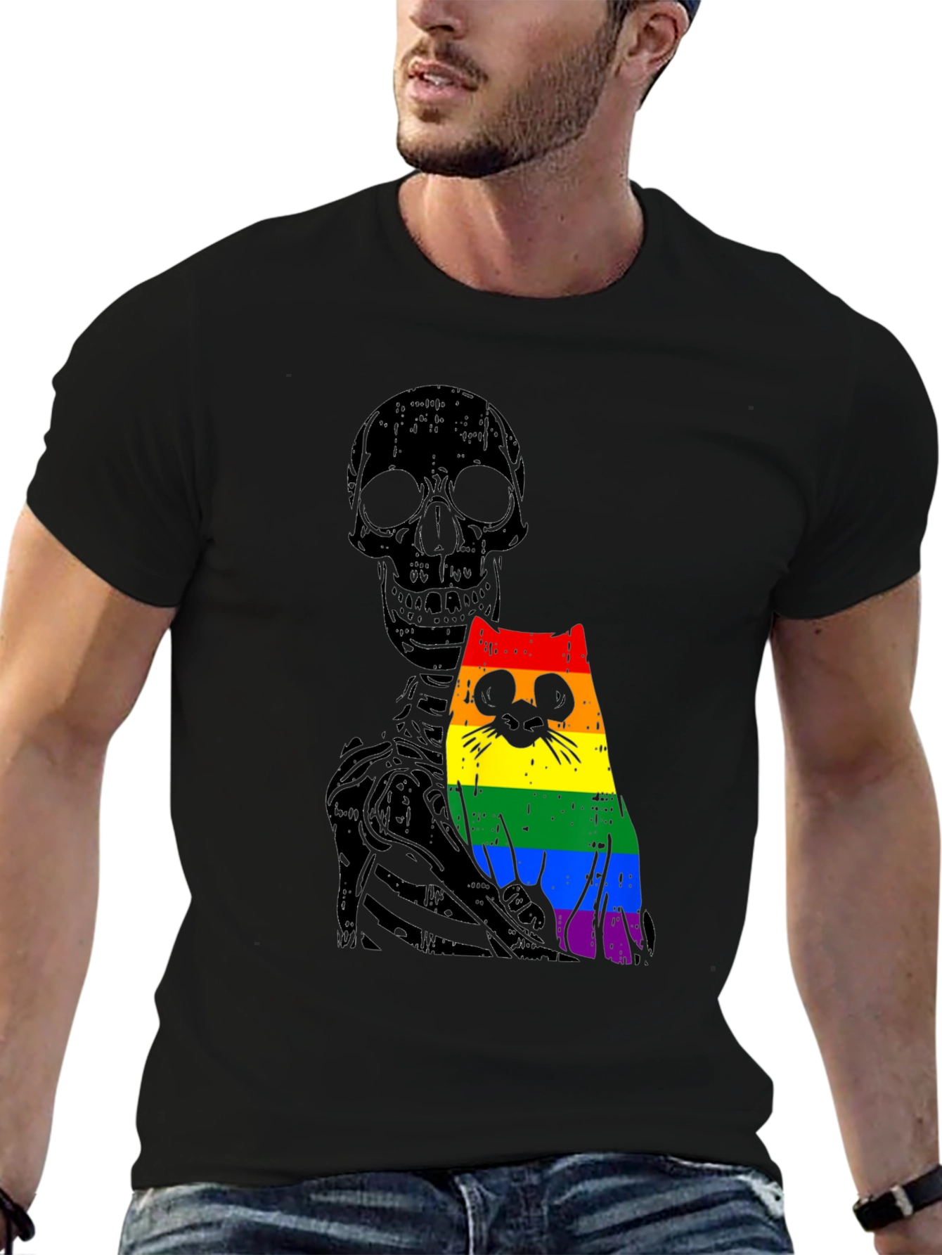 Skeleton Cat Pride Graphic Tee - Unique Design