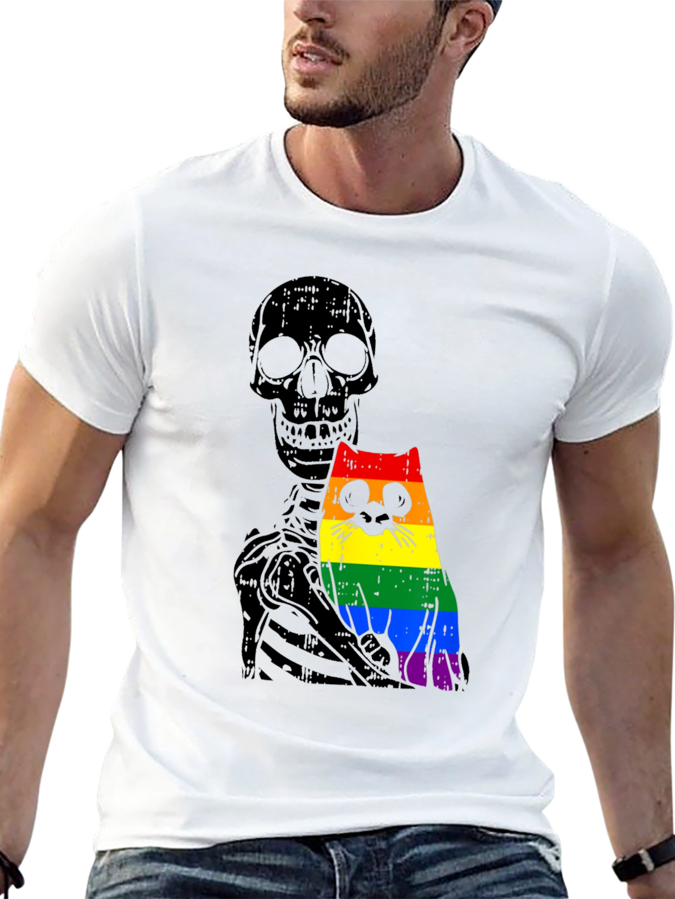Skeleton Cat Pride Graphic Tee - Unique Design