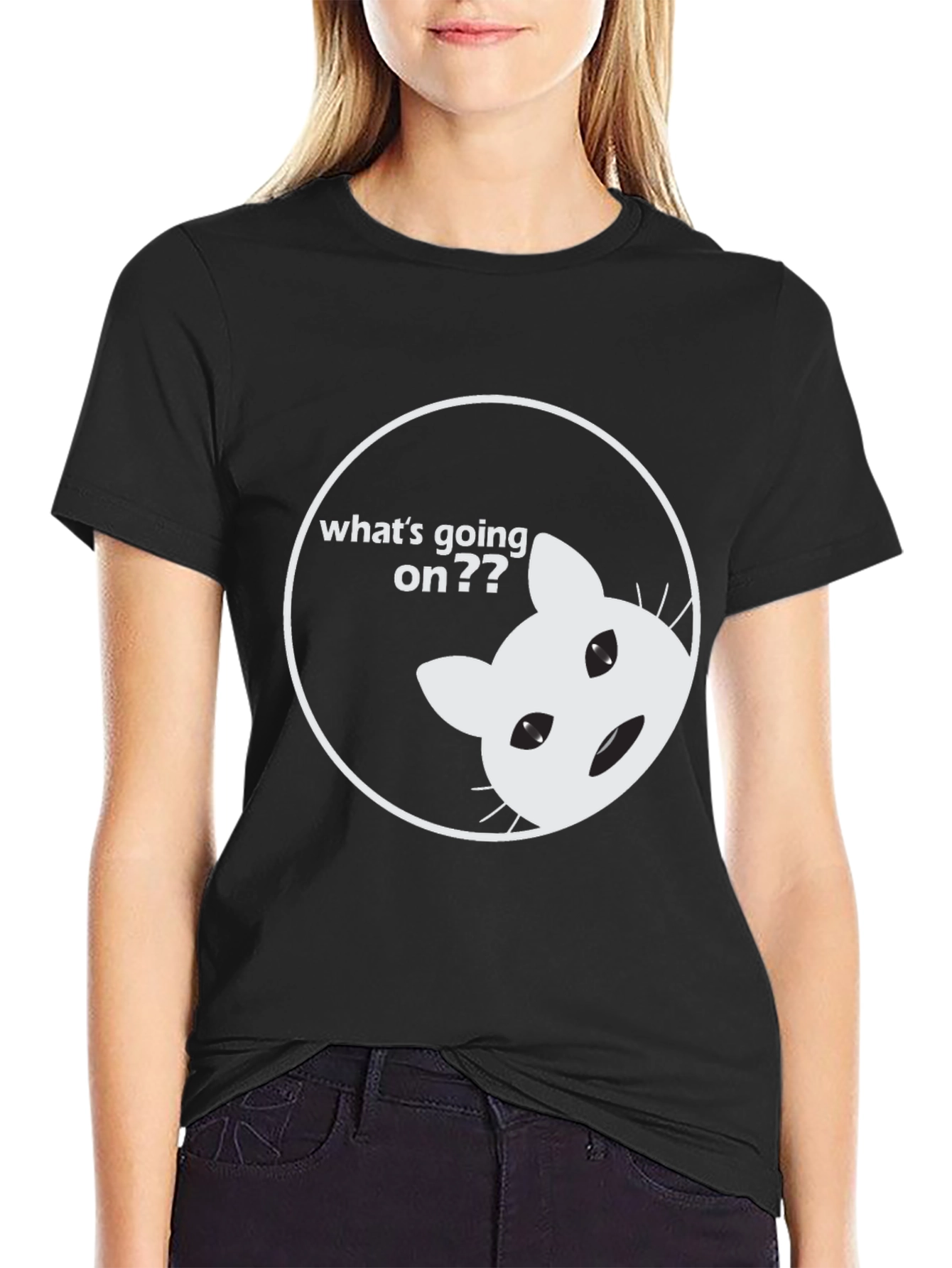 Funny Cat Whats Going On Black T-Shirt