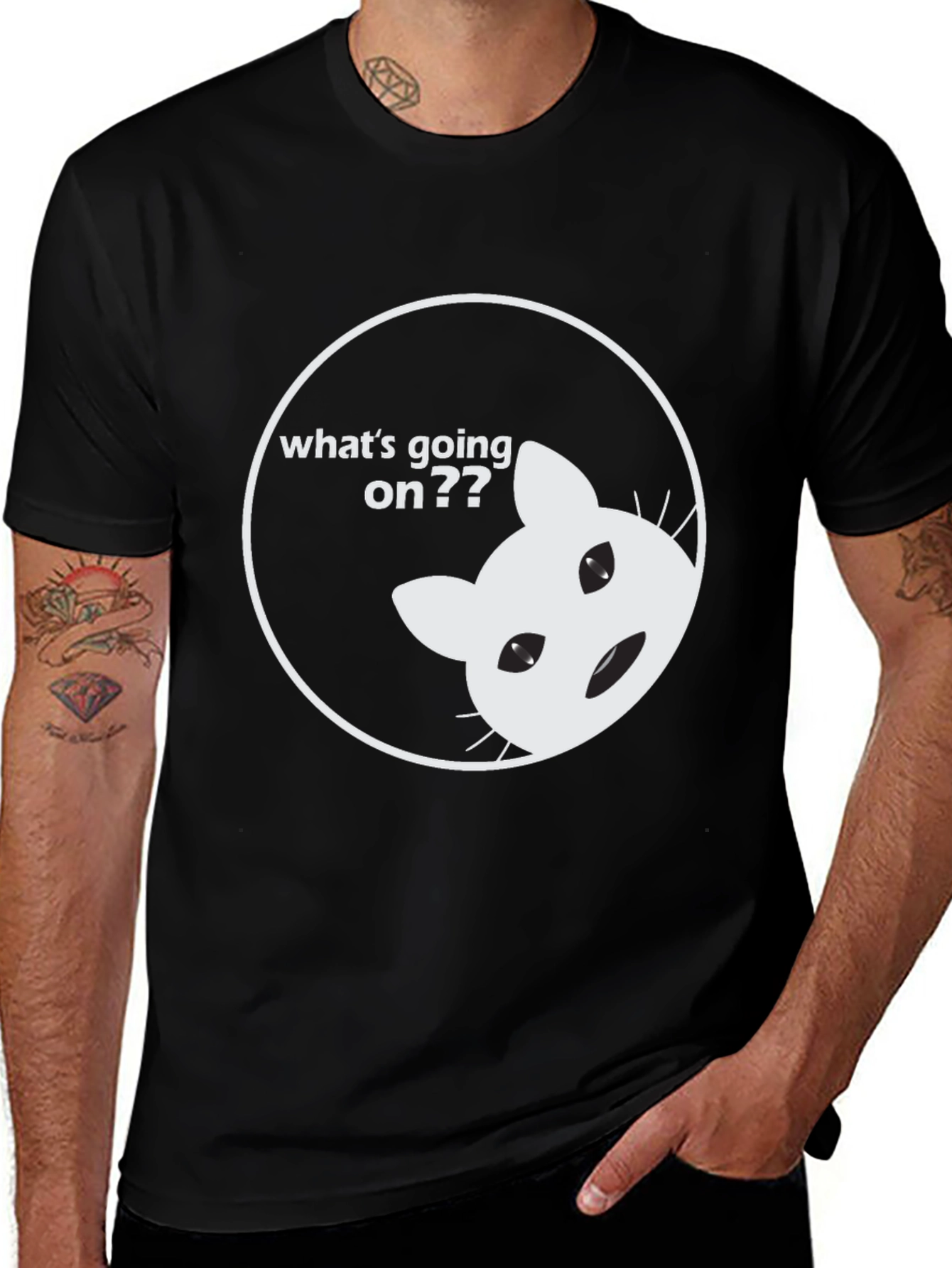 Funny Cat Whats Going On Black T-Shirt