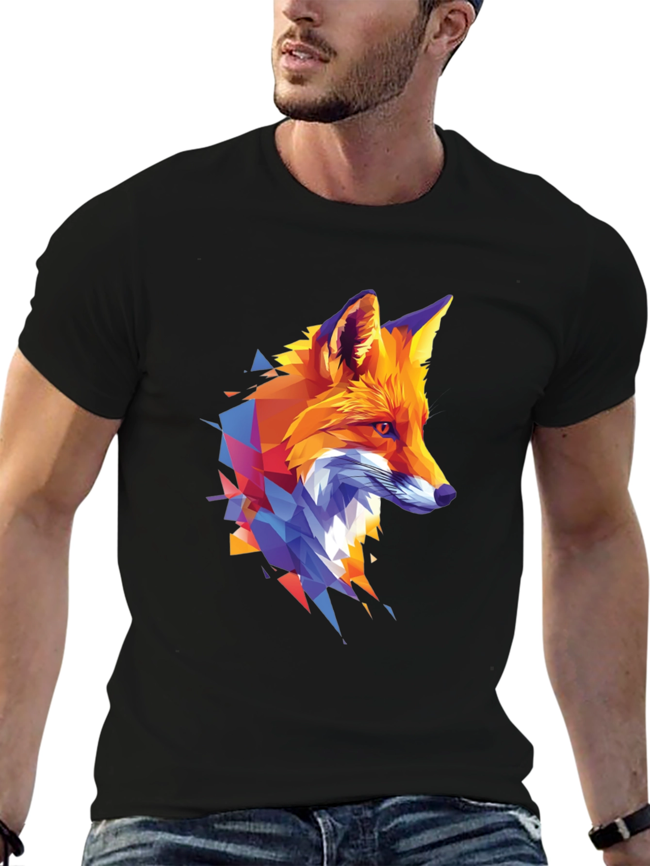 Geometric Fox Graphic Print Black T-Shirt