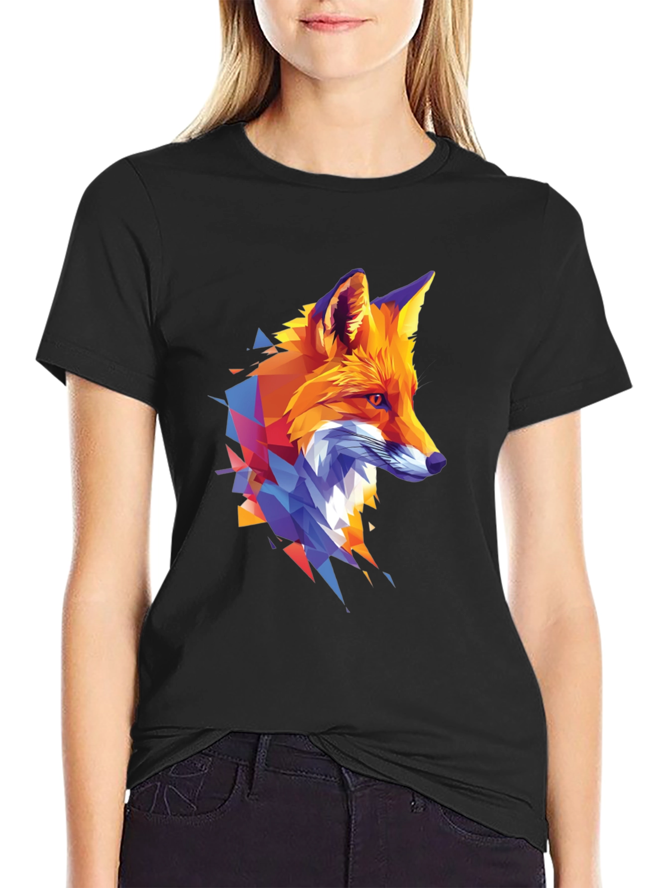 Geometric Fox Graphic Print Black T-Shirt