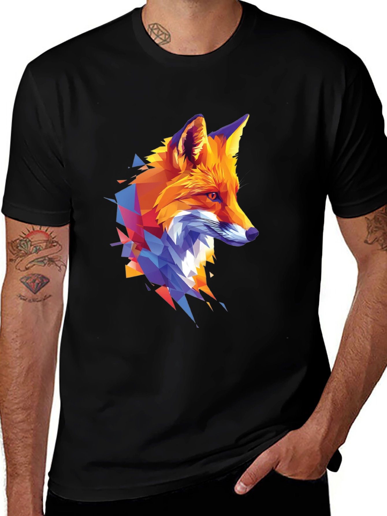 Geometric Fox Graphic Print Black T-Shirt