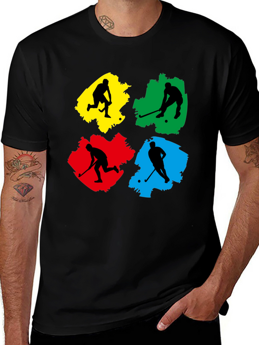 Hockey Player Graphic Tee - Colorful Brush Stroke Design