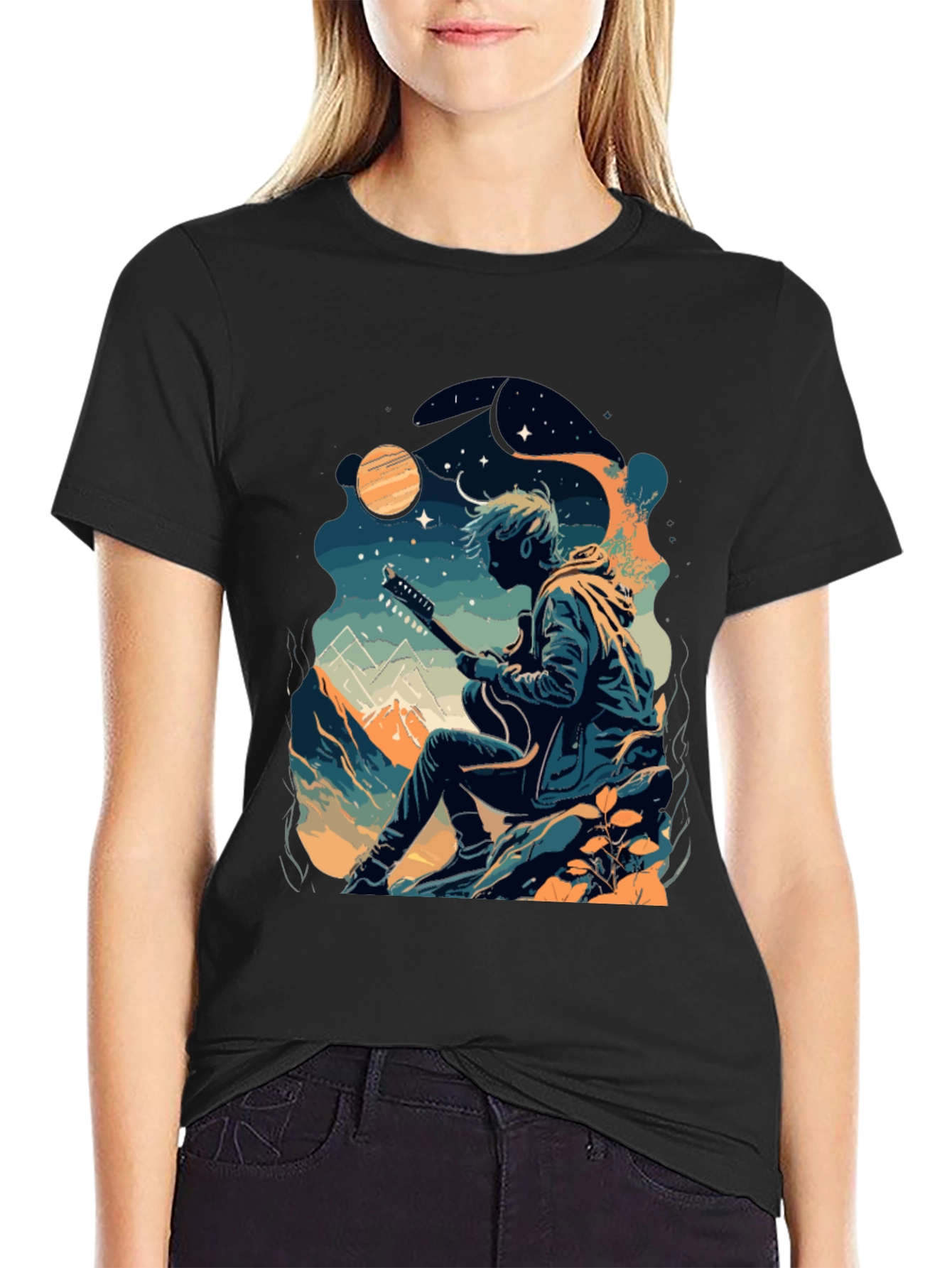 Guitarist Graphic Tee - Black Crew Neck T-Shirt