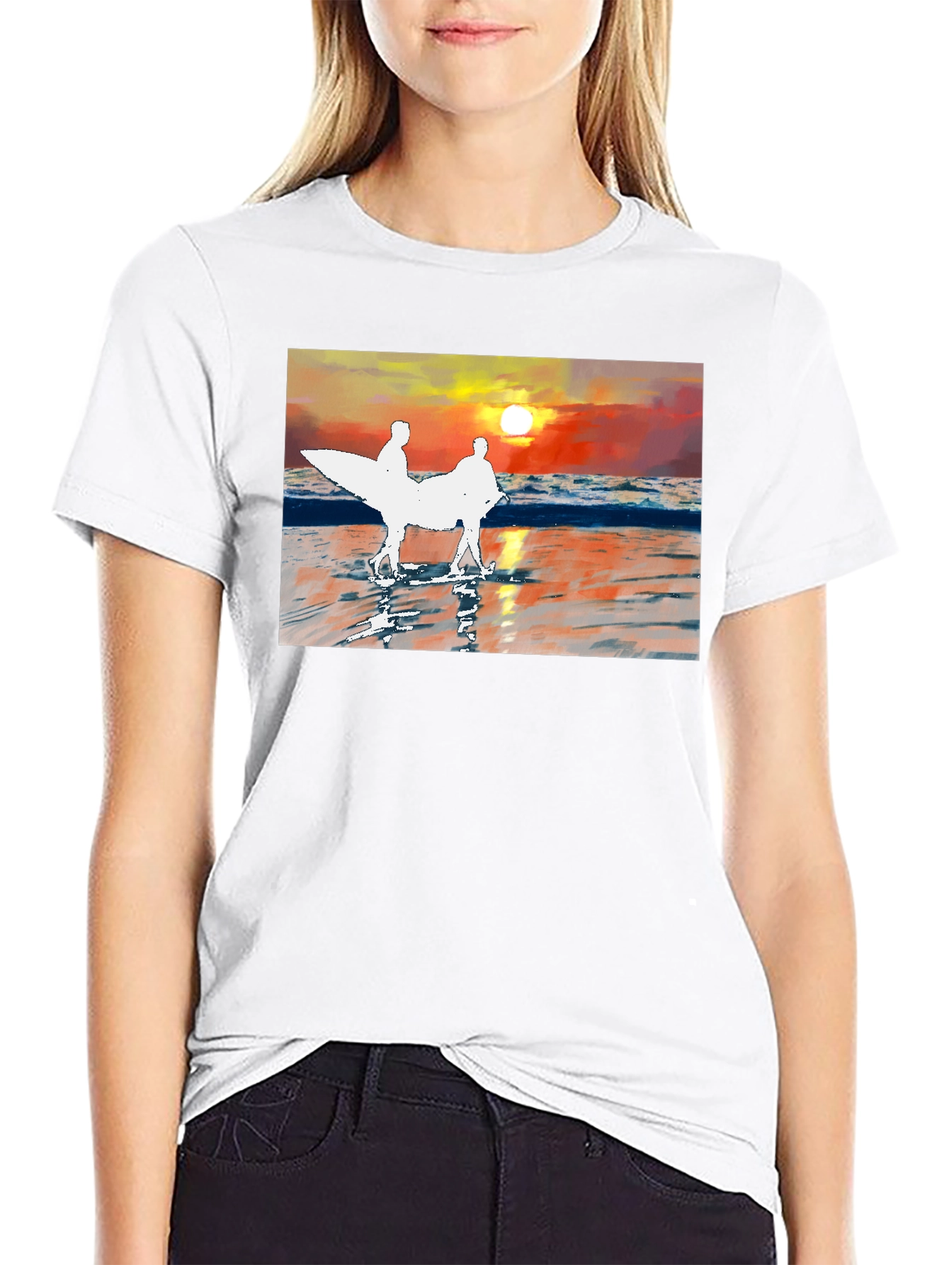 Sunset Surfer Graphic Tee - Black Cotton T-Shirt