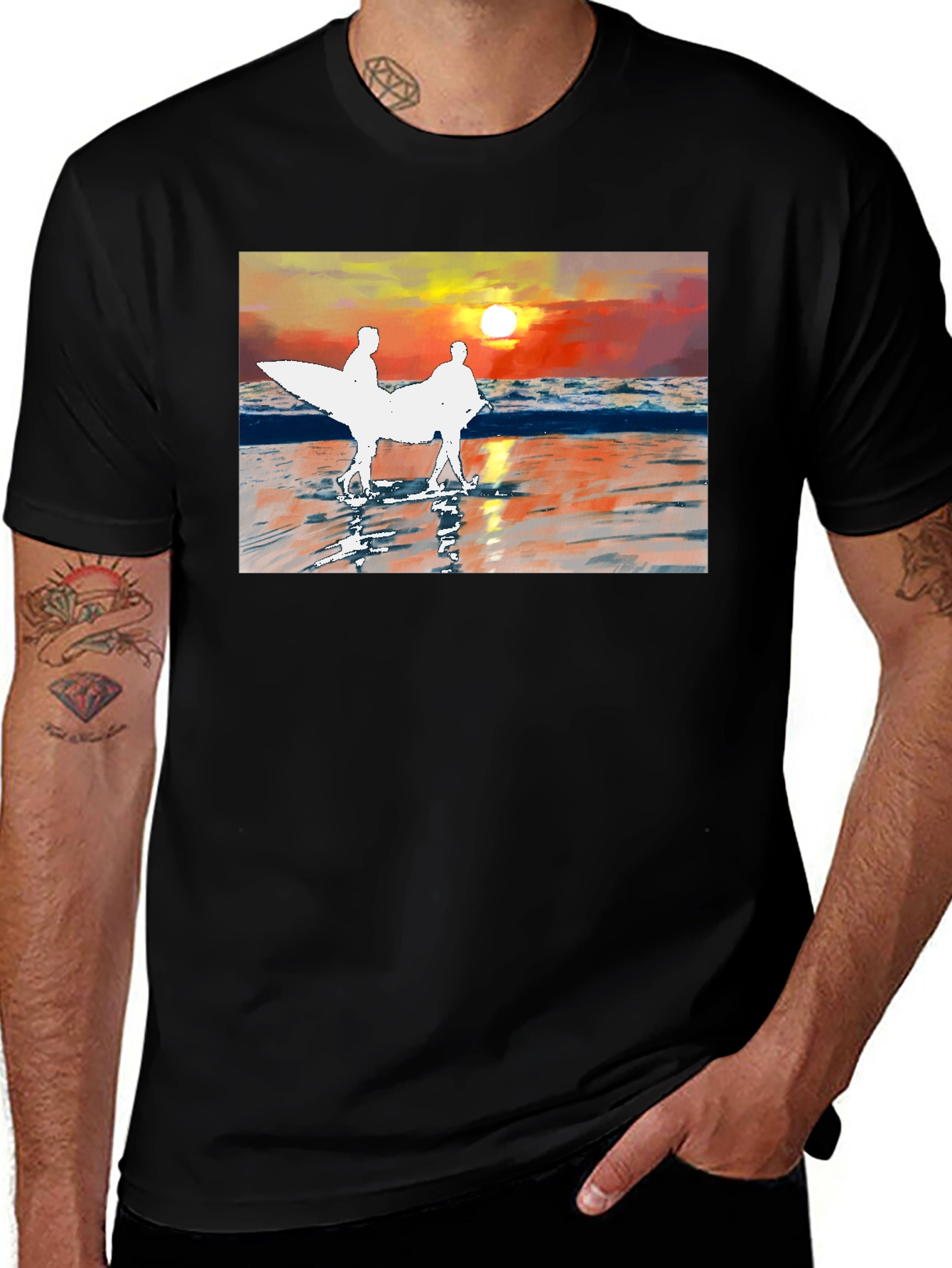 Sunset Surfer Graphic Tee - Black Cotton T-Shirt