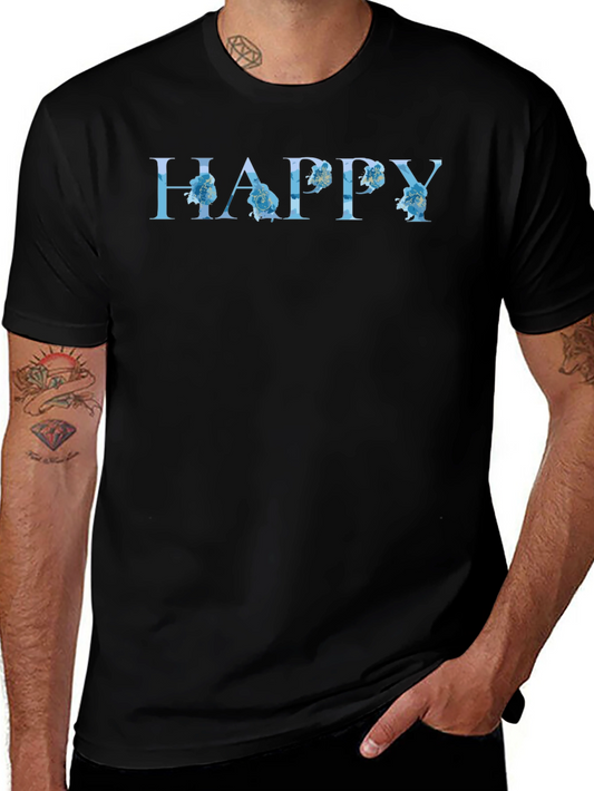 Floral HAPPY Graphic Black T-Shirt