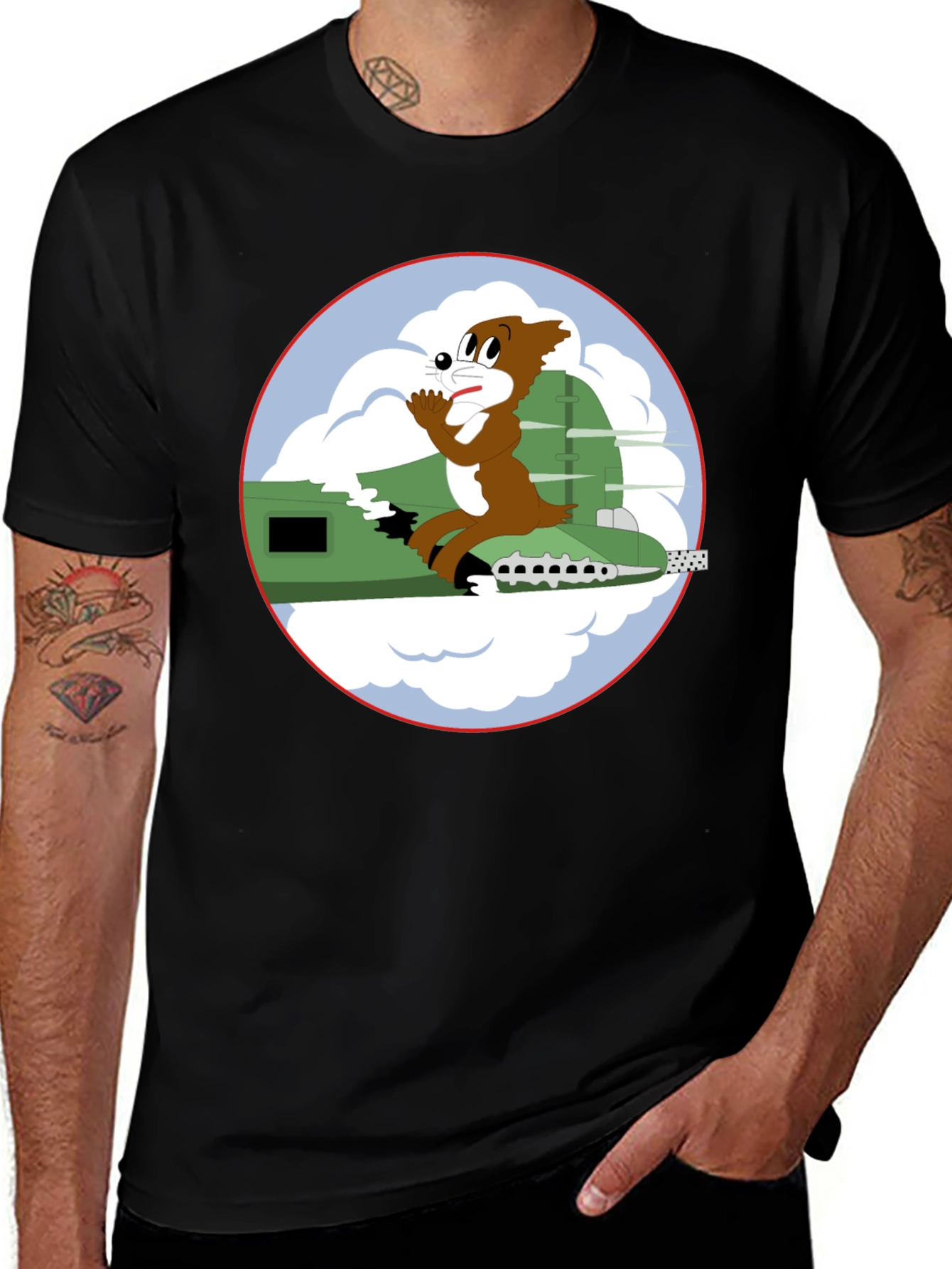 Cartoon Bomber Plane Graphic Tee - Black