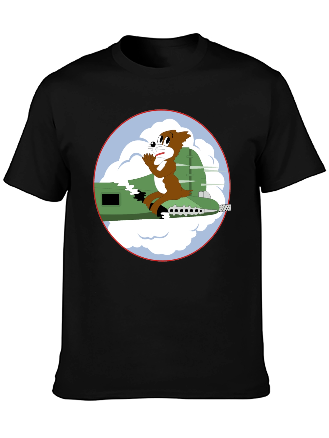 Cartoon Bomber Plane Graphic Tee - Black