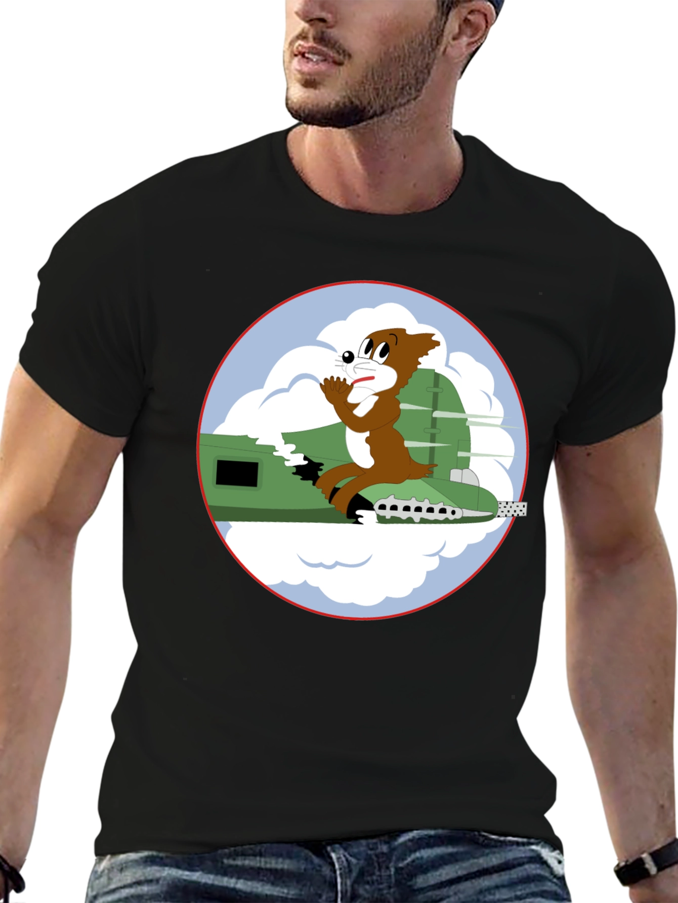Cartoon Bomber Plane Graphic Tee - Black