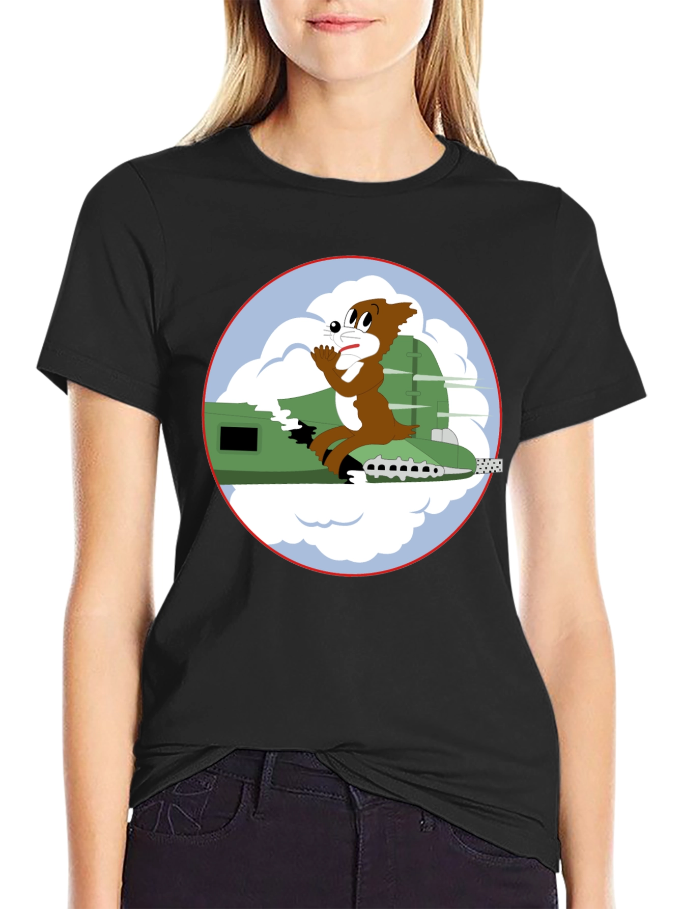 Cartoon Bomber Plane Graphic Tee - Black