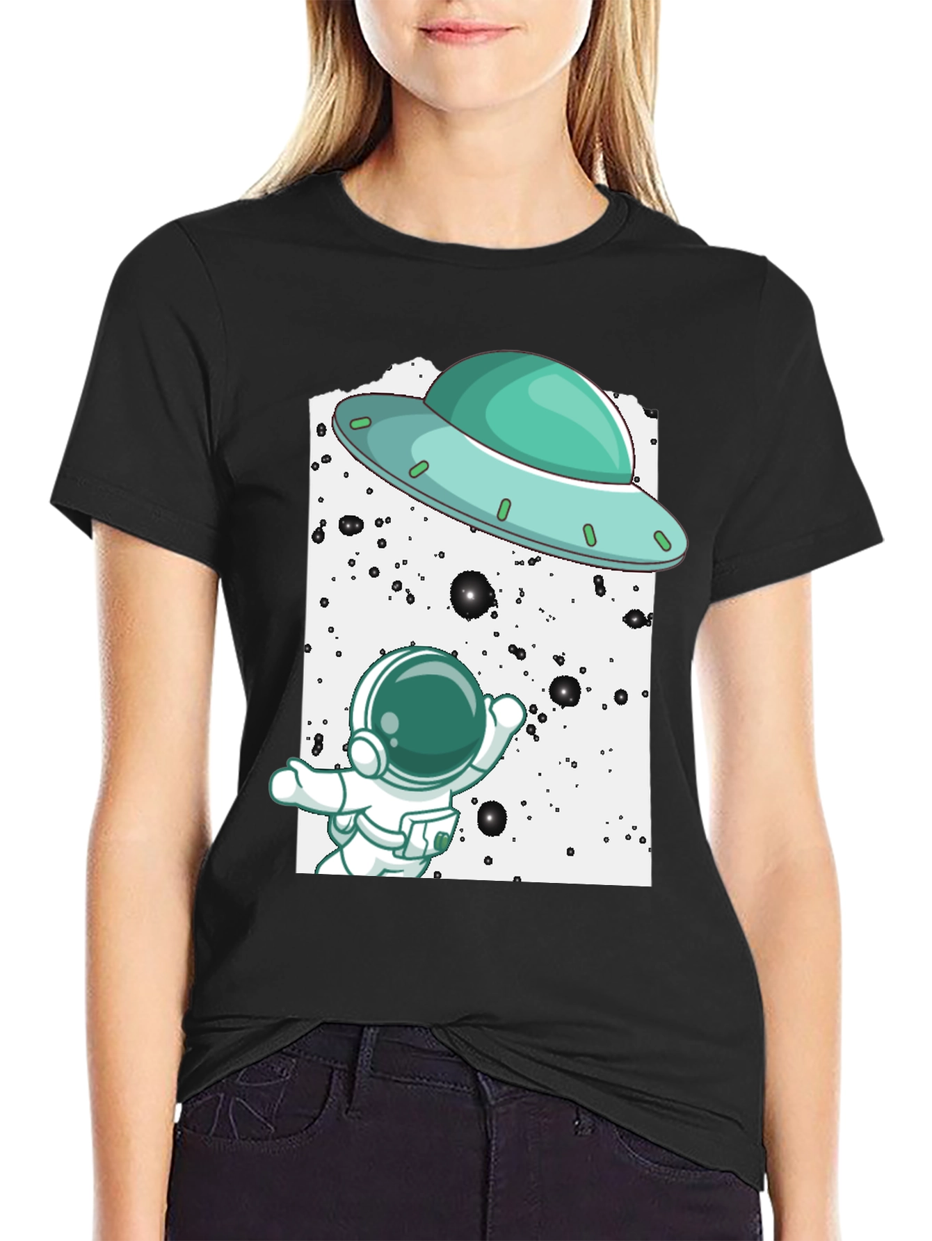 Astronaut UFO Graphic Tee - Black Cotton T-Shirt