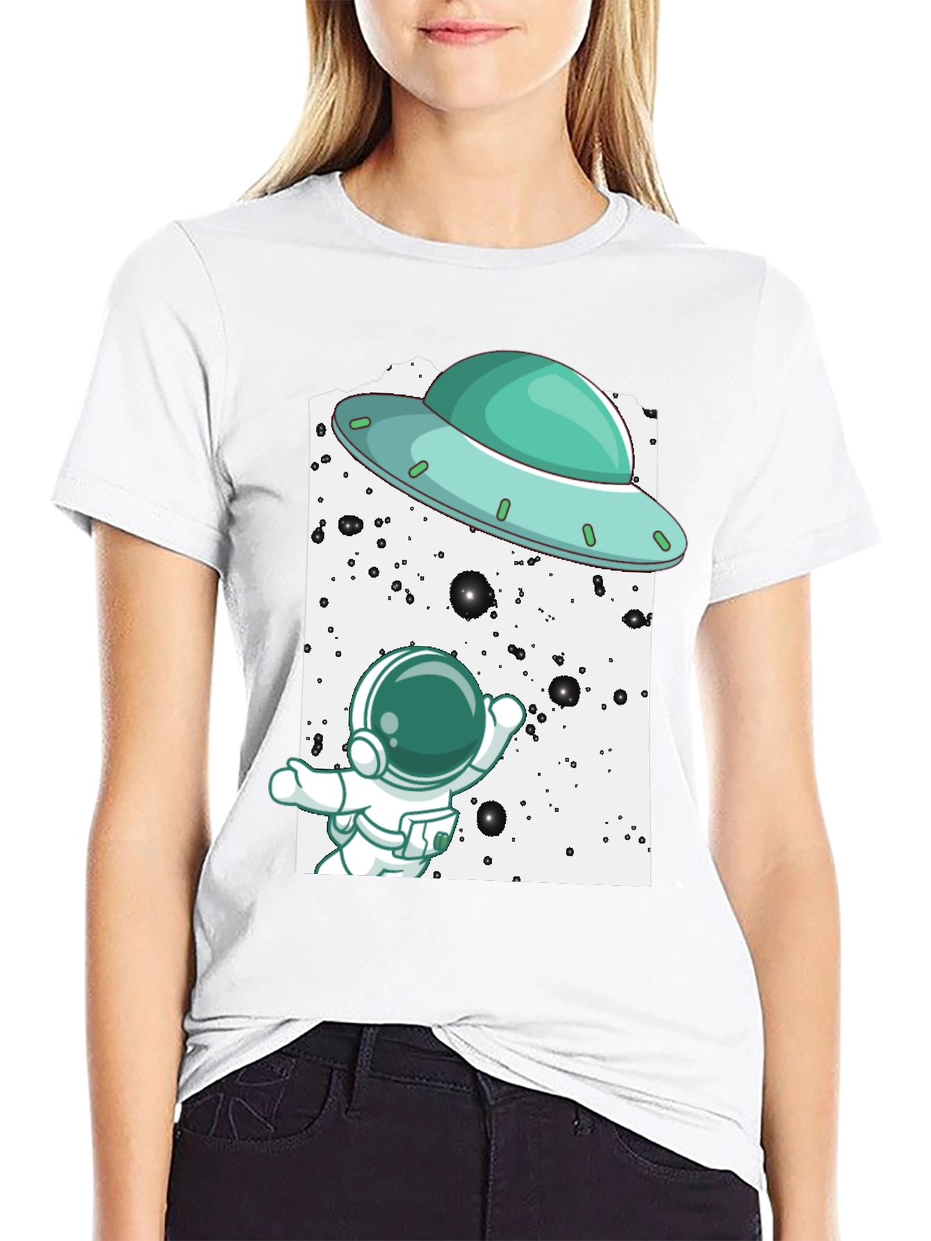 Astronaut UFO Graphic Tee - Black Cotton T-Shirt