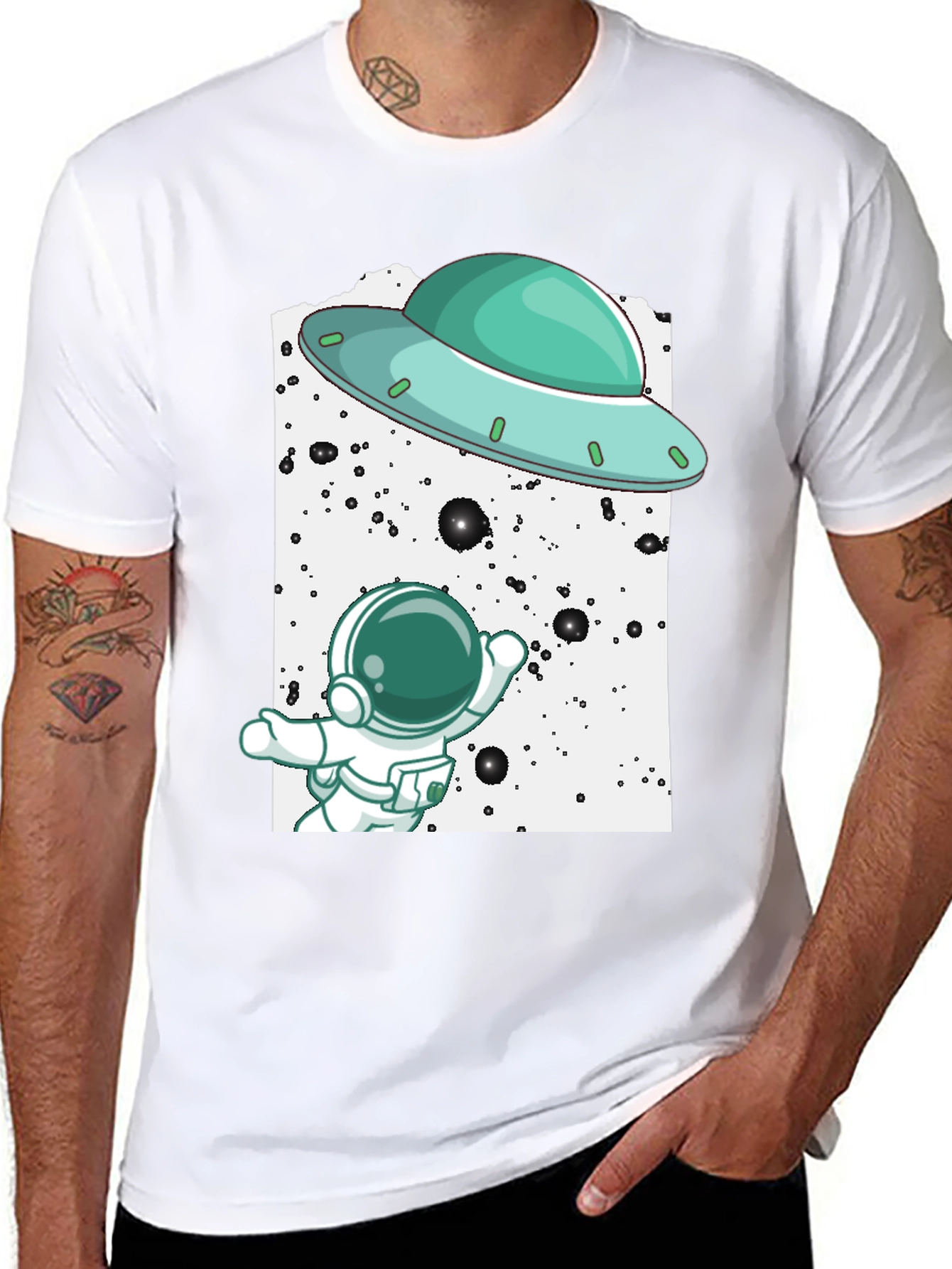 Astronaut UFO Graphic Tee - Black Cotton T-Shirt