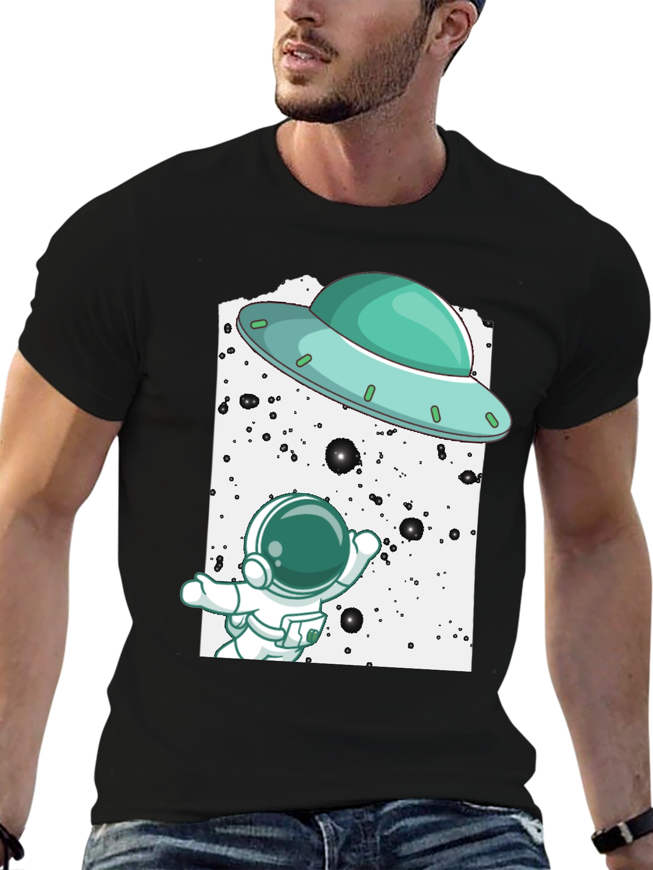 Astronaut UFO Graphic Tee - Black Cotton T-Shirt