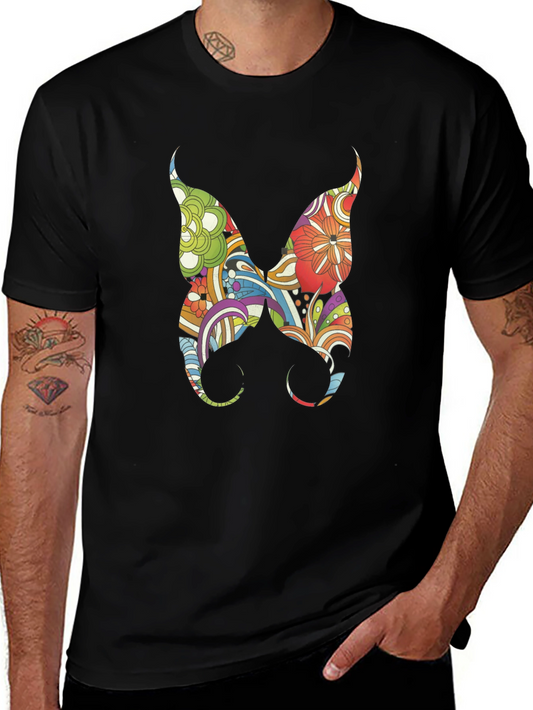 Floral Butterfly Graphic Tee - Mens Black Cotton T-Shirt
