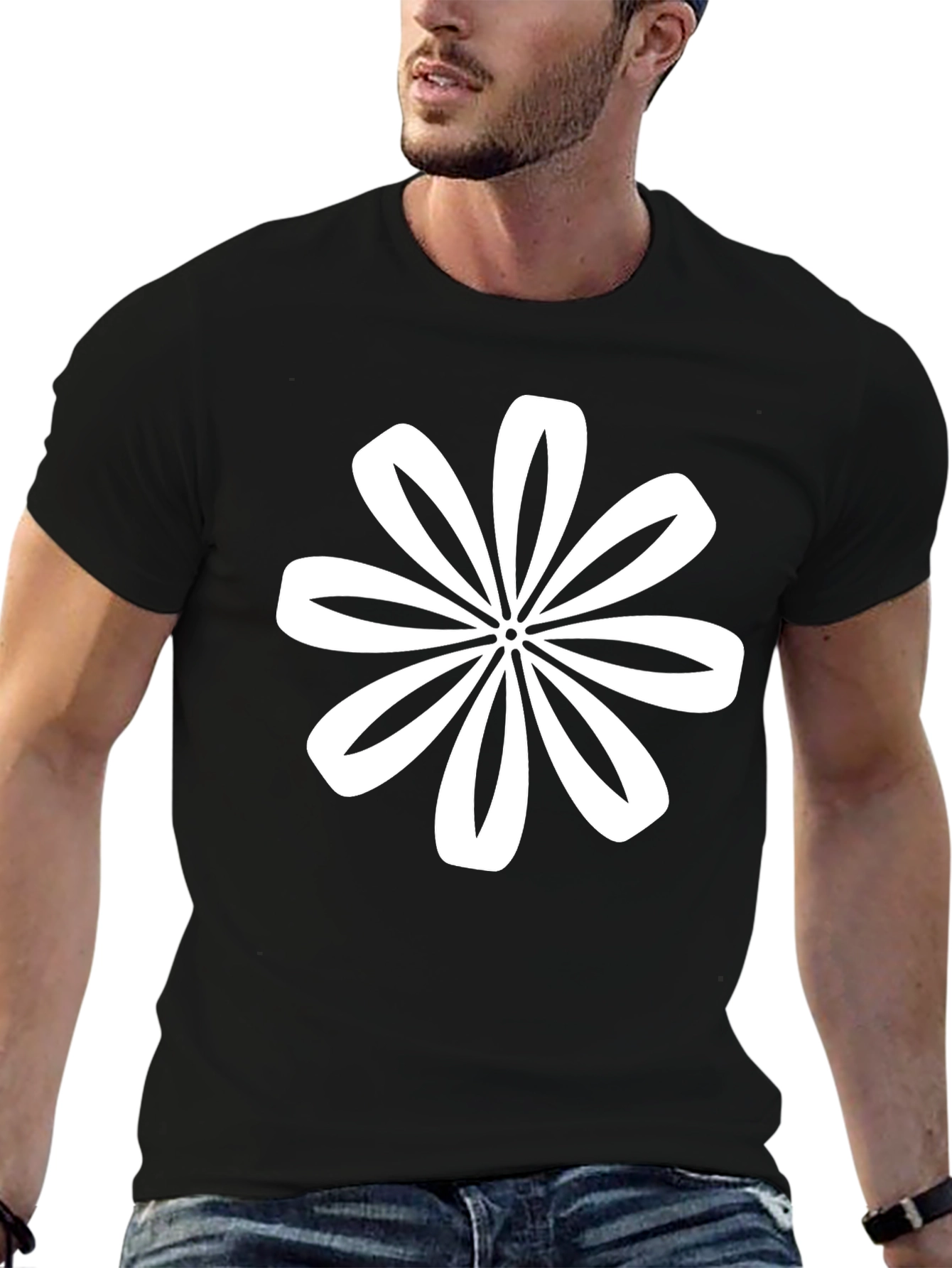 Black T-Shirt with White Flower Graphic