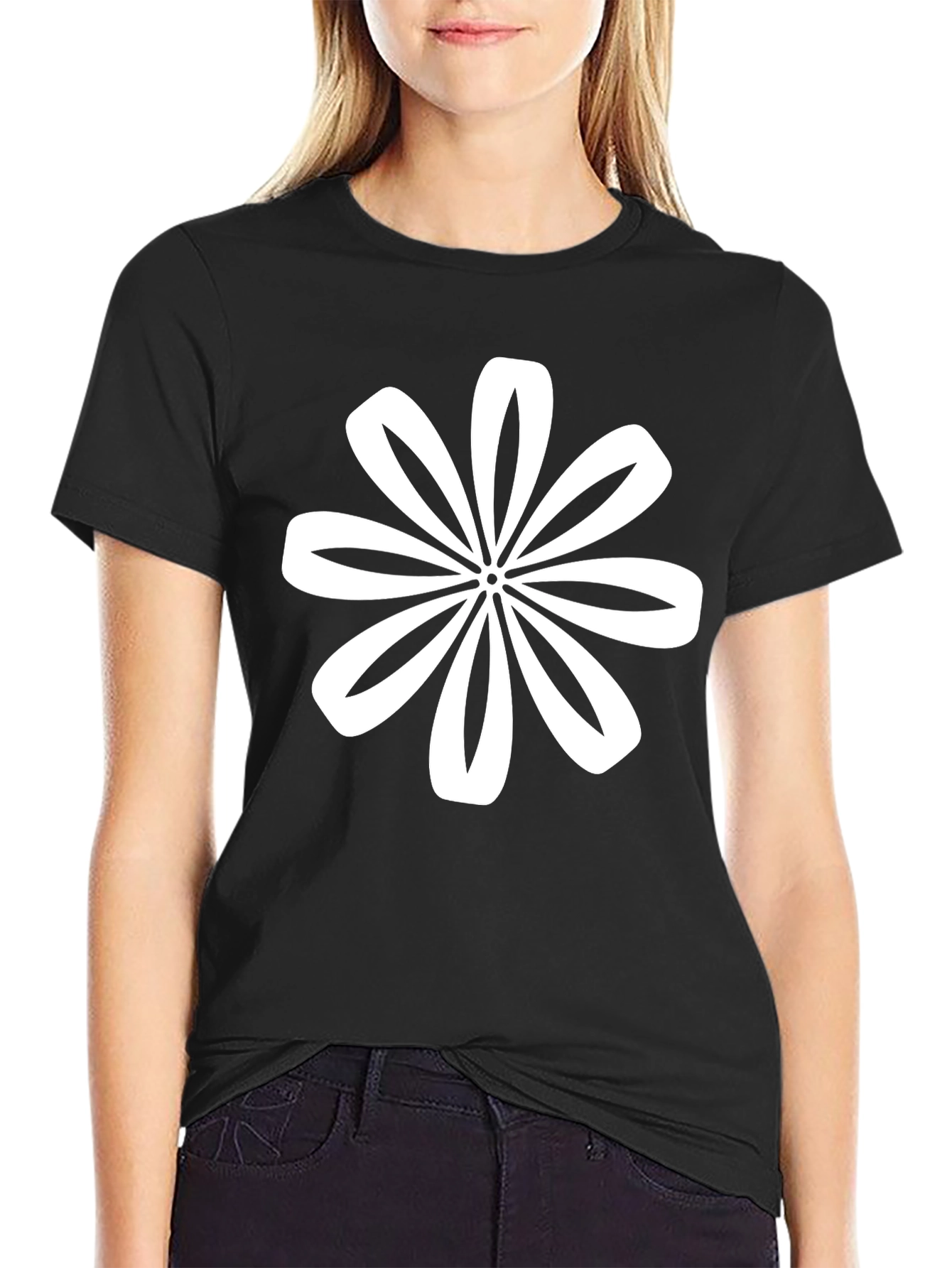 Black T-Shirt with White Flower Graphic