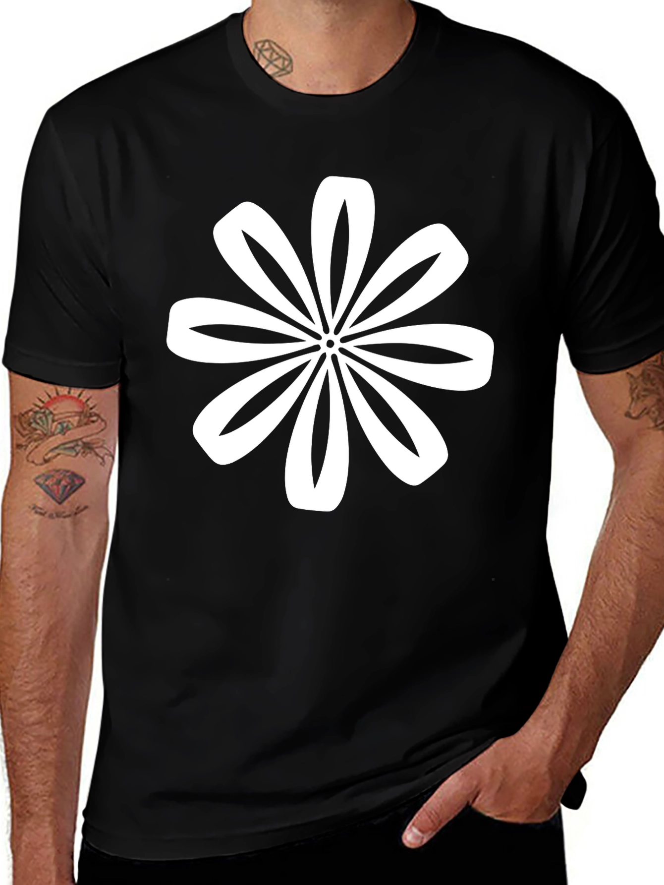 Black T-Shirt with White Flower Graphic