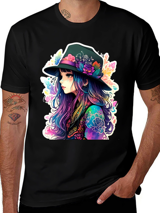 Anime Girl Hat Colorful Graphic Tee
