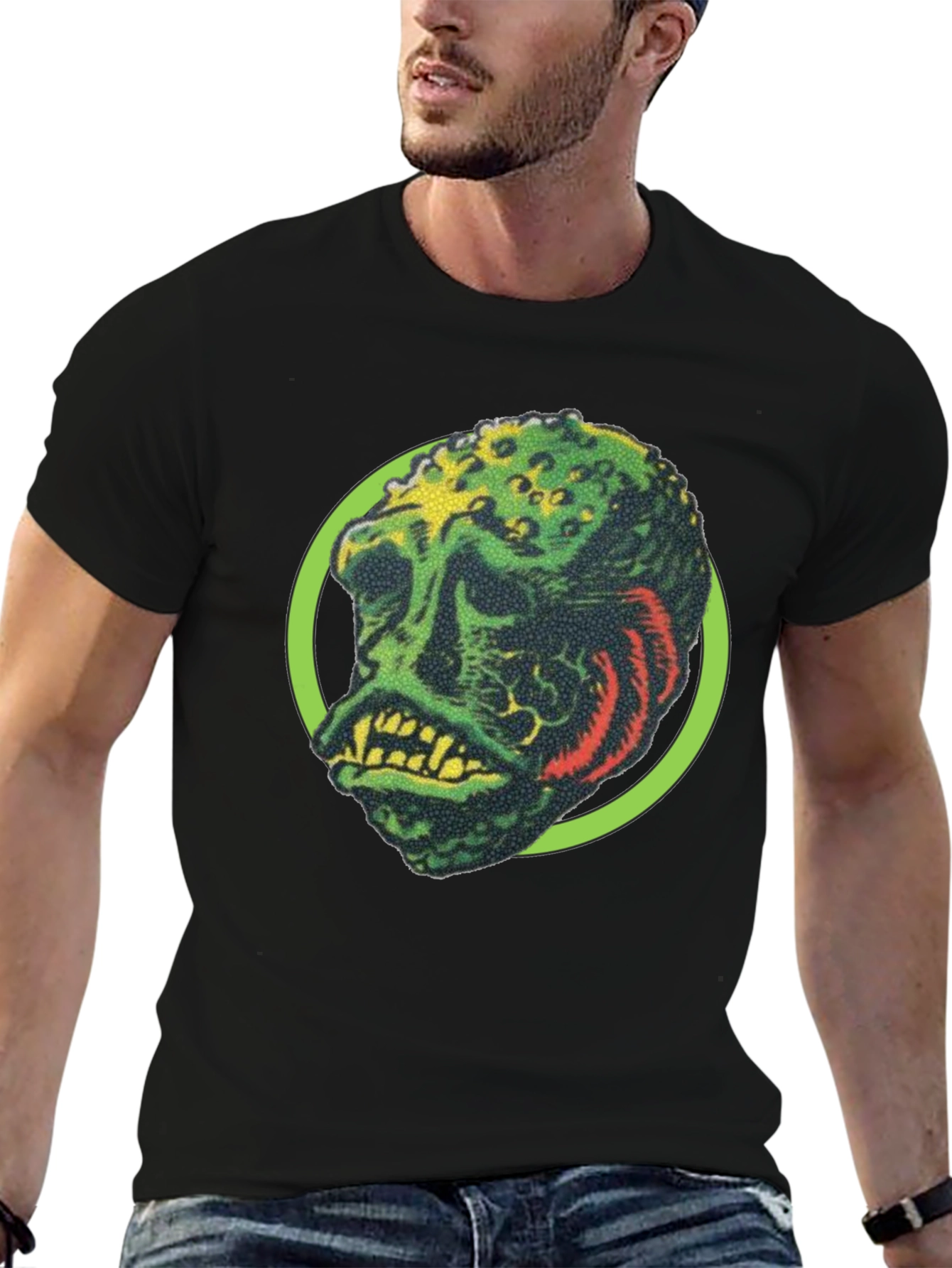 Retro Monster Graphic Tee - Black Crew Neck Shirt