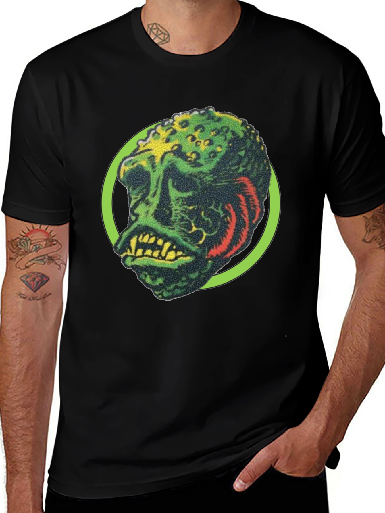 Retro Monster Graphic Tee - Black Crew Neck Shirt