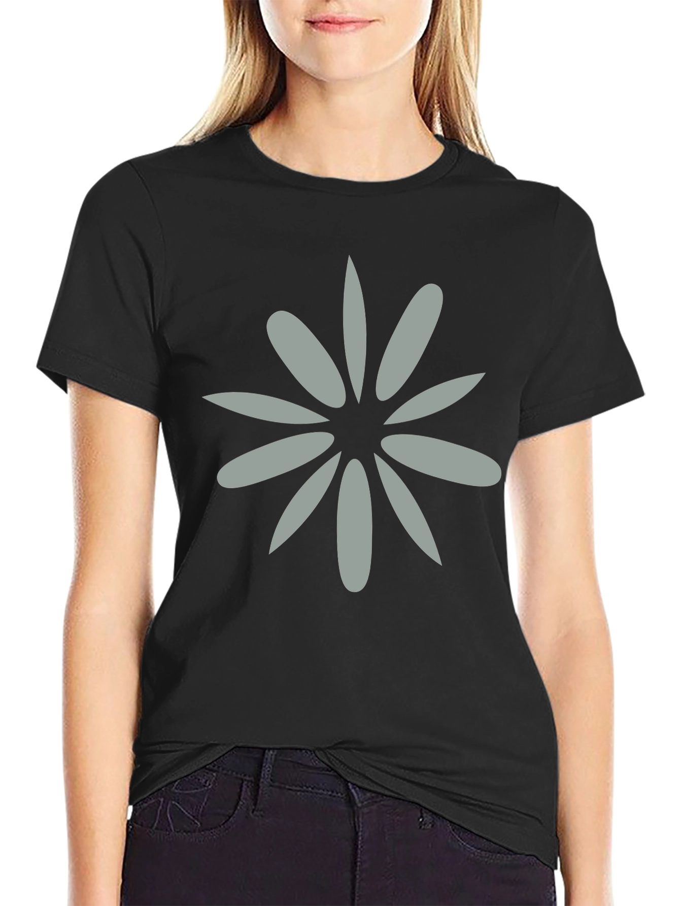 Black Tee with Grey Flower Graphic