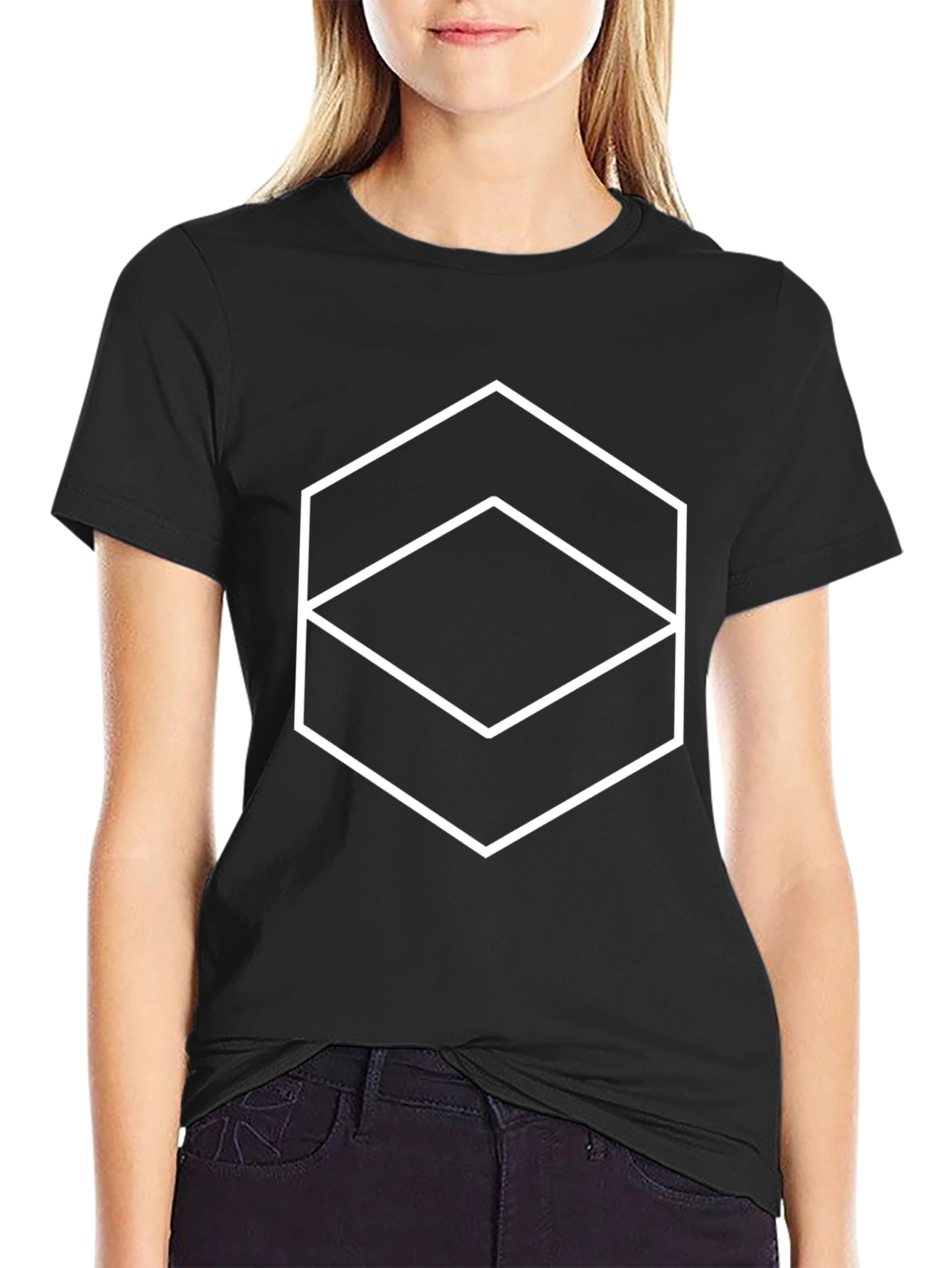 Geometric Hexagon Line Art Black T-Shirt
