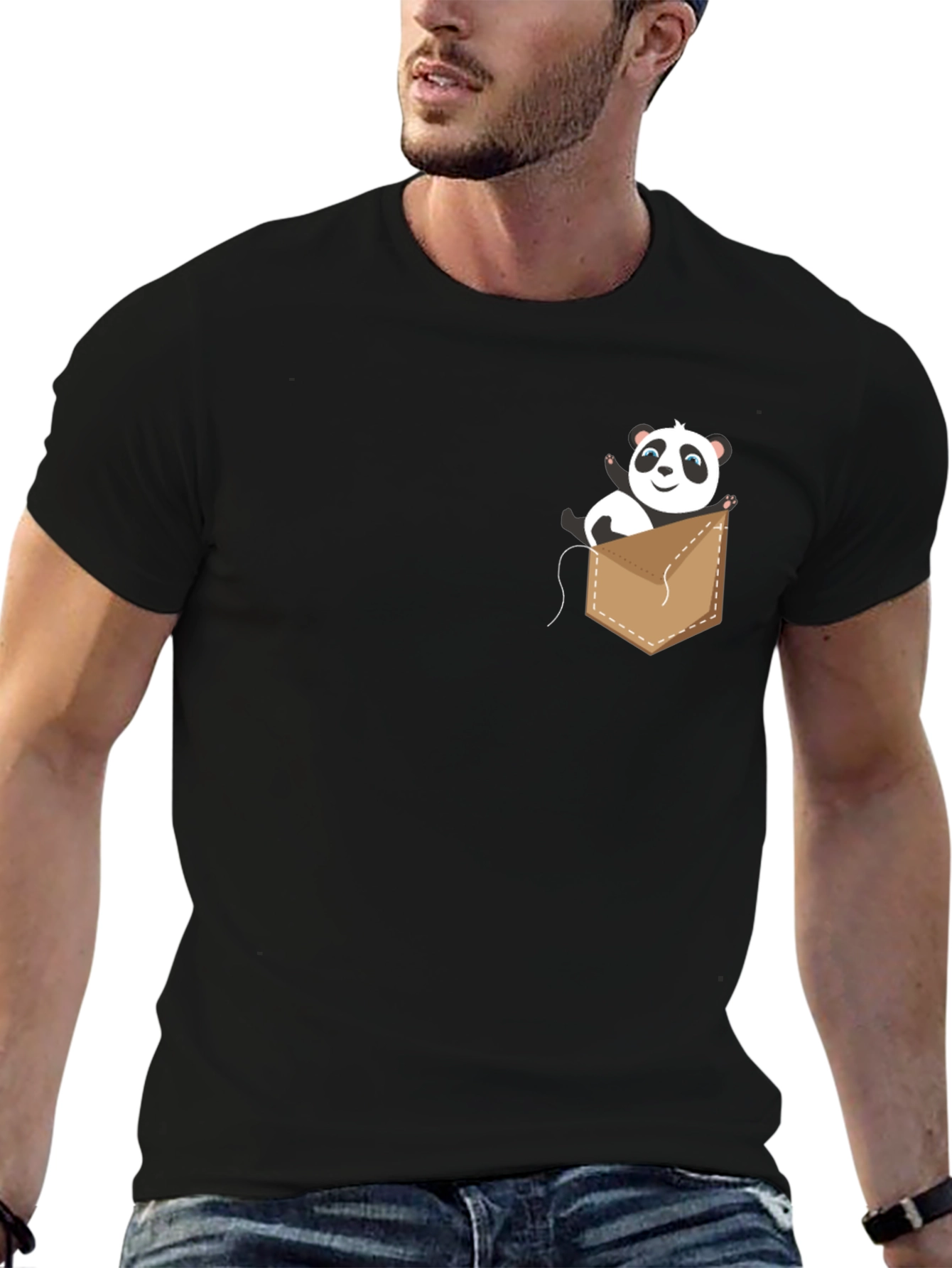 Cute Panda Pocket Graphic T-Shirt - Black