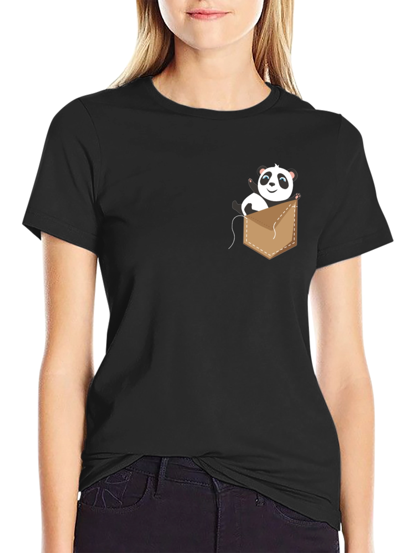 Cute Panda Pocket Graphic T-Shirt - Black