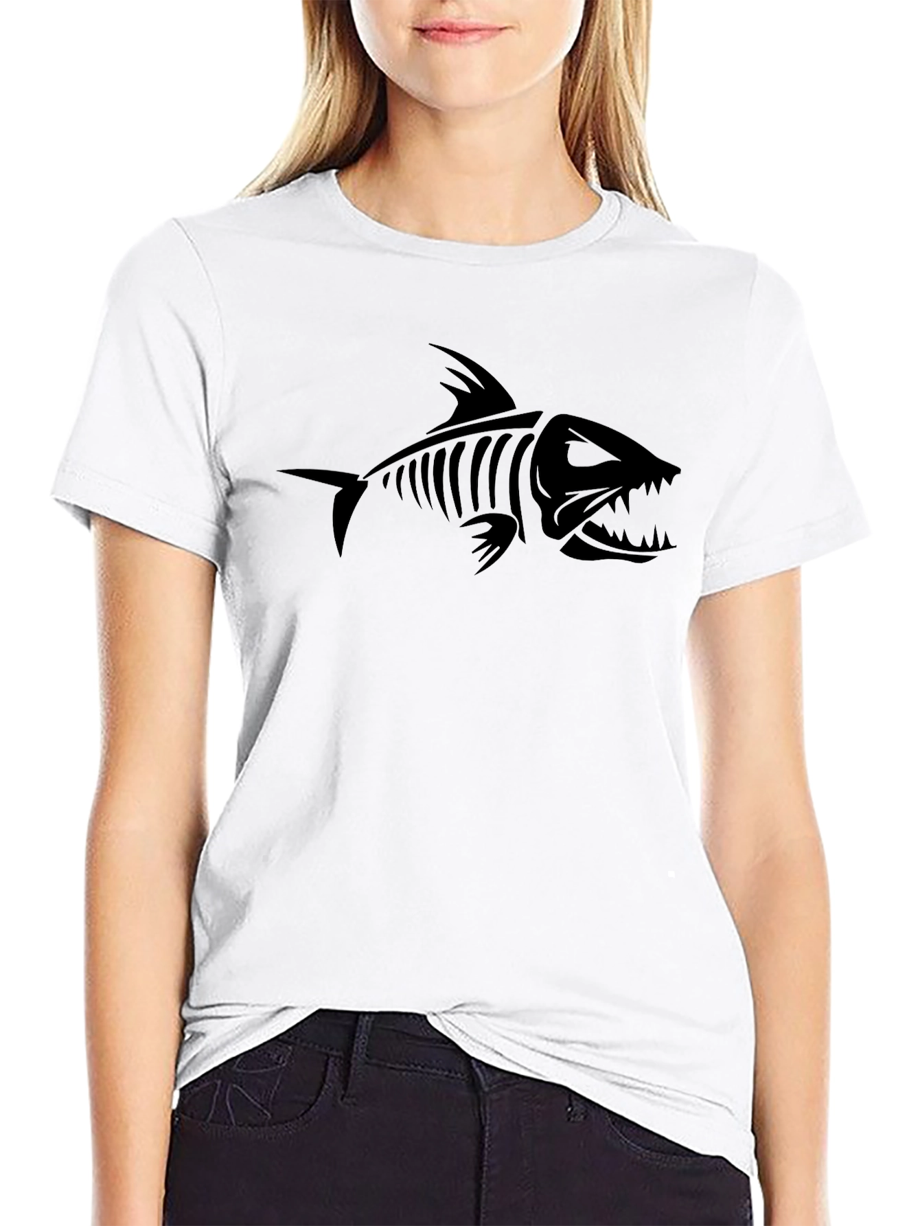 Mens Black Graphic Tee - Fish Skeleton Design