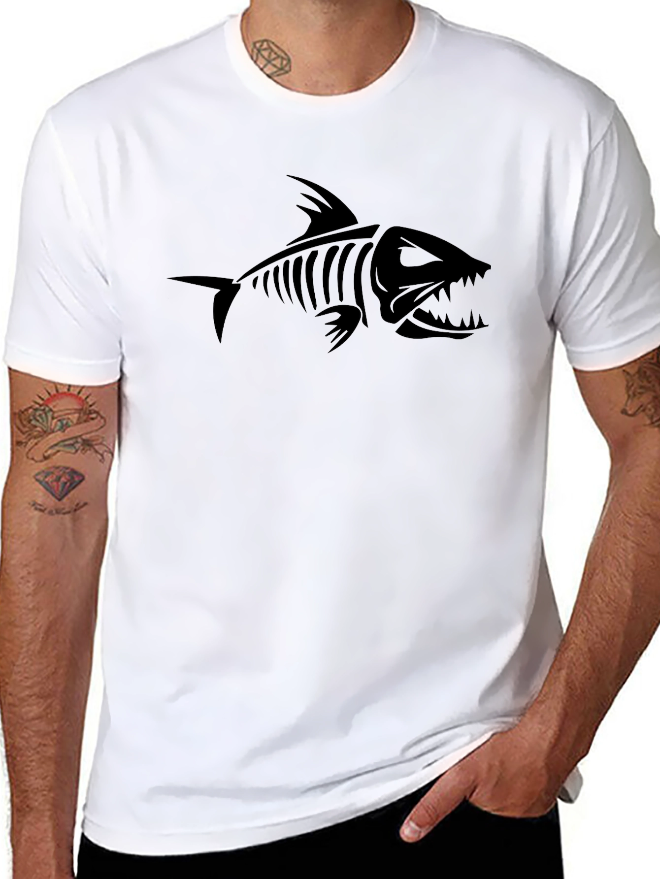 Mens Black Graphic Tee - Fish Skeleton Design