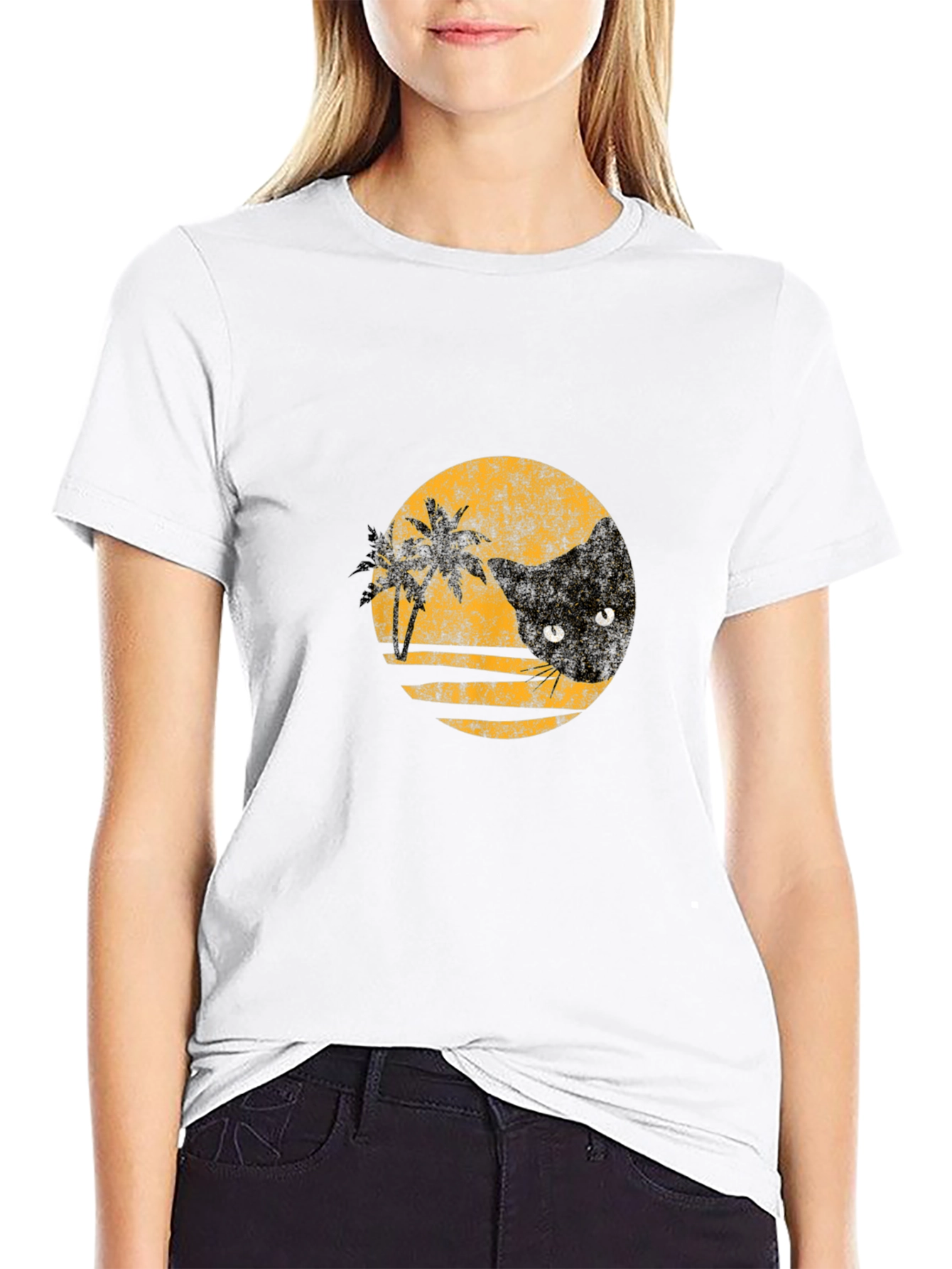 Retro Cat & Palms Graphic Black T-Shirt